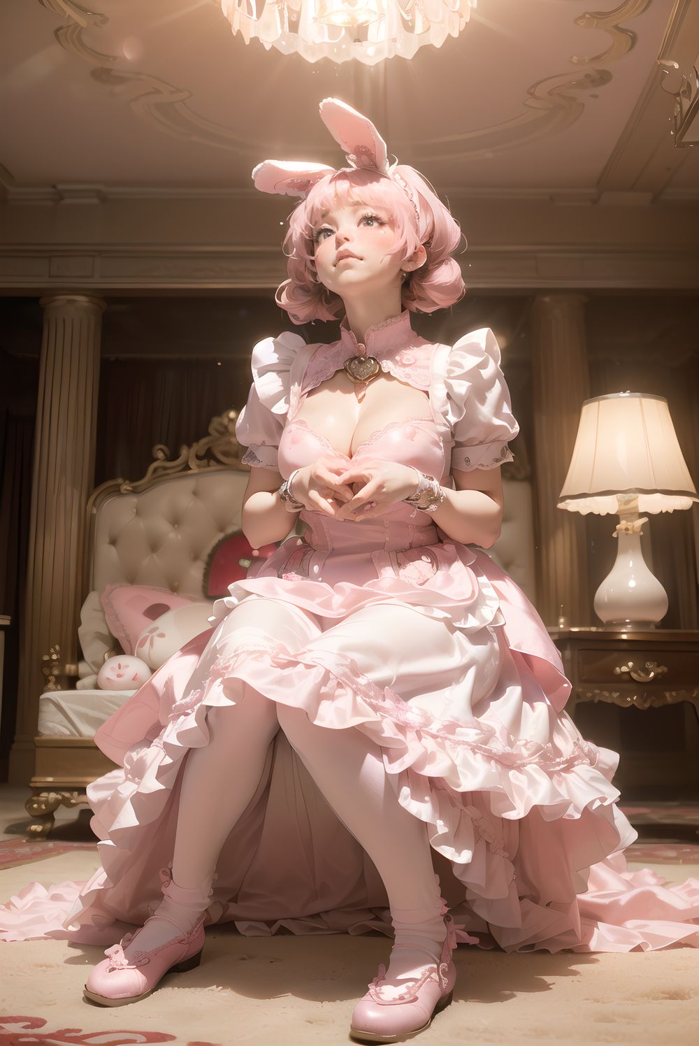 (((((
sweet junior bunny maid anxiously awaiting master?s return, silky pink twintails with glossy fluffy curls bouncing with each breath, large heart-shaped lavender eyes with long lashes reflecting pink lamp and subtle glassy tears, 145cm chubby soft figure trembling slightly, small perky bust rising under frilly maid dress, thick thighs pressed together on carpet, milky skin glowing with warmth and faint goosebumps, wearing delicate pink-white maid dress with heart-shaped chest cutout revealing subtle cleavage shadow, strawberry-embroidered apron with lace trim, floppy white bunny ears with pink satin lining drooping cutely, silver bell collar and cuffs tinkling softly, fluffy tail swaying, knee-high socks with heart embroidery folded slightly, glossy pink enamel shoes with heart buckles, sitting on thick plush carpet hugging giant worn teddy bear with one ear flopped, looking up with needy pout and quivering lower lip, luxurious bedroom with ornate four-poster canopy bed swathed in layered pink silk and buried under mountain of stuffed animals, strawberry milk glass lamp casting soft conical pink light creating rim glow on hair and dress, gentle lens flare, shallow depth of field with creamy bokeh of plush pile, masterpiece, best quality, ultra-detailed, sharp focus, (8k resolution:1.1), cinematic lighting, depth of field
)))))