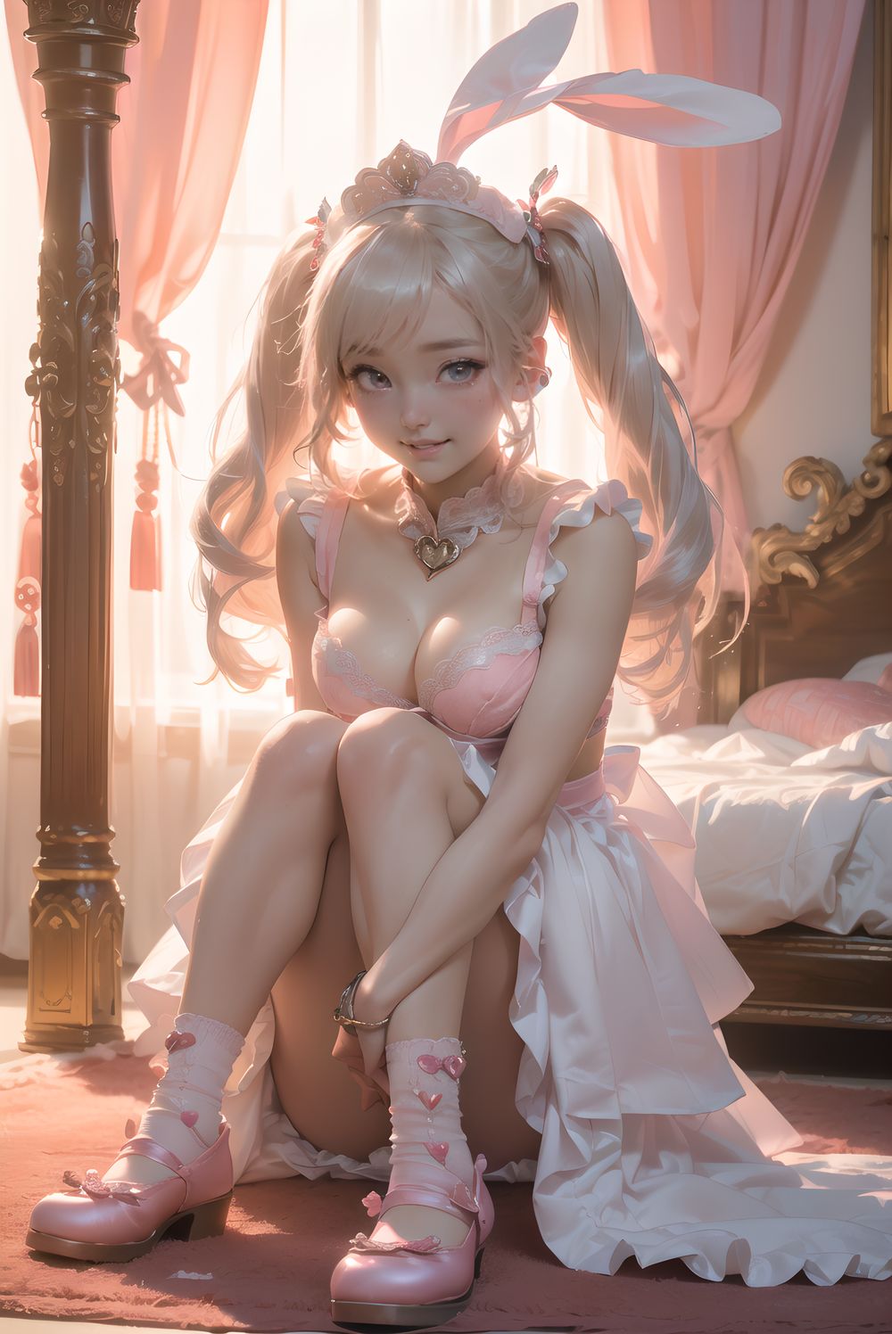 (((((
sweet junior bunny maid anxiously awaiting master?s return, silky pink twintails with glossy fluffy curls bouncing with each breath, large heart-shaped lavender eyes with long lashes reflecting pink lamp and subtle glassy tears, 145cm chubby soft figure trembling slightly, small perky bust rising under frilly maid dress, thick thighs pressed together on carpet, milky skin glowing with warmth and faint goosebumps, wearing delicate pink-white maid dress with heart-shaped chest cutout revealing subtle cleavage shadow, strawberry-embroidered apron with lace trim, floppy white bunny ears with pink satin lining drooping cutely, silver bell collar and cuffs tinkling softly, fluffy tail swaying, knee-high socks with heart embroidery folded slightly, glossy pink enamel shoes with heart buckles, sitting on thick plush carpet hugging giant worn teddy bear with one ear flopped, looking up with needy pout and quivering lower lip, luxurious bedroom with ornate four-poster canopy bed swathed in layered pink silk and buried under mountain of stuffed animals, strawberry milk glass lamp casting soft conical pink light creating rim glow on hair and dress, gentle lens flare, shallow depth of field with creamy bokeh of plush pile, masterpiece, best quality, ultra-detailed, sharp focus, (8k resolution:1.1), cinematic lighting, depth of field
)))))
**KAWAII**
(cute KAWAII girl with a perfect style, very detailed facial texture:1.3), (idol face:1.5), fine particles, (kawaii face:1.6),kind eyes,young face, childish,
(blushing smile expression:1.4),looking at me,beautiful skin, intricate details,artistic realism,(deep, dark eye colour),
(((((
**Hentai and Perverted Elements**
Semi-naked with uniform partially undone, bra exposed revealing breasts,
flushed with embarrassment, striking a sensual, glamorous pose.
)))))