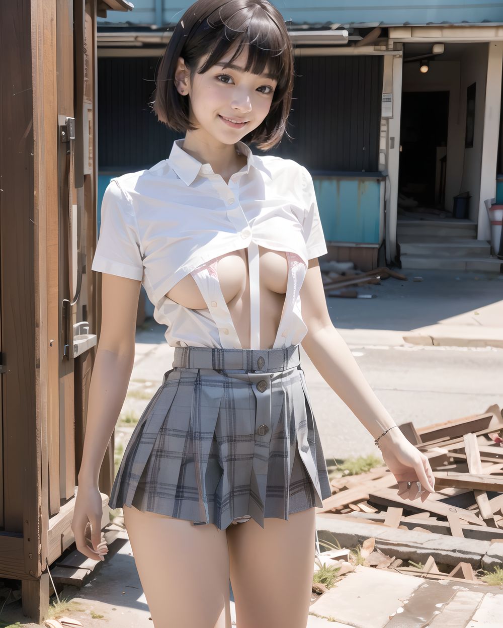 ?RUNA?

**Clothing and Naked Style**
(((White shirt, no bra:2, small  breasts fully exposed and clearly visible , smooth, lustrous, supple skin: 1.7))),

**Hentai and Perverted Elements**
(((((no bra:1.6))))), 
Full-naked with clothes partially removed, bra askew exposing breasts, panties removed.
Poses facing backward with plump buttocks exposed.
A flushed, bashful expression paired with sensual, glamorous poses.


**KAWAII**
(cute KAWAII girl with a perfect style, very detailed facial texture:1.3), (idol face:1.5), fine particles, (kawaii face:1.6), kind eyes,young face, childish,
(blushing smile expression:1.4),looking at me,beautiful skin, intricate details,artistic realism,(deep, dark eye colour),

**loli**
((Illegal photo shoots of lolicon girl, Short, Young-faced, an immature face and Small breasts, Illegal pornographic photos of girl, Underground erotic gravure photo:1.8)), 




(
standing on the ground, lifts her skirt to show her panties:1.9)
 and 
(clearly show her labia majora, labia minora, clitoris, and vagina,),

((A girl walks down a sunlit street in her uniform. Her skirt flutters lightly with the breeze. She holds a hand near the hem, almost out of habit. Her expression is calm, maybe even indifferent. Warm light, long shadows, a sense of routine,
undercut,copper hair,ice blue eyes,medium breasts,casual wear,envious,teen,Lying down,three quarter view,drooling):1.5) ,
((Standing on the ground with a skirt lifted, showing panties.):1.9),
Cornflower Blue satin bomber jacket (cropped),slipping slightly 

((A strong gust lifts her skirt completely. She reacts smoothly, pressing it down with one hand while glancing sideways. A bold glimpse of her underwear is visible. No shock on her face?only faint acknowledgment. Composed, practiced elegance in the chaos.
):1.8),

A girl standing still on a station platform, unaware of her surroundings. Her skirt is motionless, but her eyes show a subtle unease. A soft breeze moves her hair gently. Warm ambient light. The moment before something changes.


(Flipping hair back with a skirt accidentally lifting, showing panties:1.8),
shaping panties,lace panties,Moss,
A sudden gust lifts her skirt high into the air. Her hands rush to press it down, cheeks flushed in sudden panic. A glimpse of her white panties shows. Hair and fabric both caught mid-motion. Side-angle, sharp wind energy.



(masterpiece, best quality, ultra-detailed, 8k, cinematic lighting, realistic textures),  
Japanese train station background, warm tones,  

Backlit rural station platform at golden hour, low sunlight casting long shadows, the girl stands near a wooden railing, yellow train doors half open behind her, dust motes glowing in the air, calm wind moving her hair slightly, nostalgic summer tone,  
  


(backlight, golden sunlight, cinematic shadow play, warm glow, photorealistic skin texture, full-body composition)




(frontal view:1.3), (close-up shot:1.2), (she leans forward cautiously:1.1)
Golden hour lighting bathes the destroyed city in warm light, casting dramatic shadows.
Collapsed wooden buildings, broken tile roofs, piles of rubble, and corroded high-rise structures surround her.

Zentangle textures, clear sky with scattered white clouds, a medieval fantasy mood in a ruined urban setting.
(post-apocalyptic:1.2), (medieval-style fantasy:1), (urban decay:1)

Character:
A 15-year-old girl, expressionless, head resting on her hands, cowboy shot.
Black hair with blunt bangs, bob cut, sharp ends (1.3), gray tsurime eyes (1.3), jitome.

She wears a school uniform:
(white collared shirt, tucked-in short sleeves, plain pattern:1), (red narrow ribbon:1.1)
(black and gray plaid pleated miniskirt:1.2), (white socks:1.2), loafers