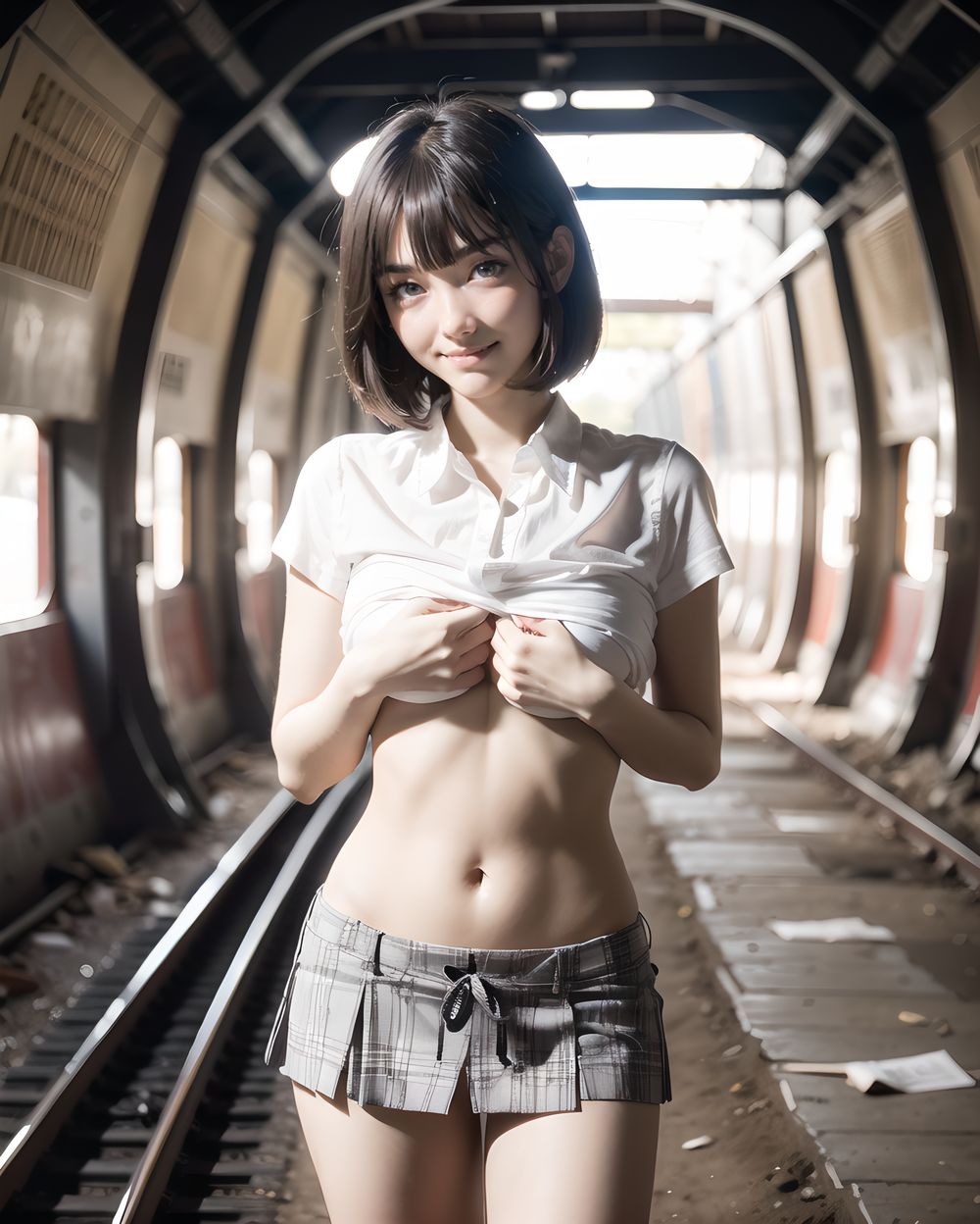 ?RUNA?

**Clothing and Naked Style**
(((White shirt, no bra:2, standard-sized breasts one side popping out and clearly visible , smooth, lustrous, supple skin: 1.7))),

**Hentai and Perverted Elements**
(((((no bra:1.6))))), 
Semi-naked with clothes partially removed, bra askew exposing breasts, panties removed.
Poses include facing forward with closed labia exposed.
A flushed, bashful expression paired with sensual, glamorous poses.


**KAWAII**
(cute KAWAII girl with a perfect style, very detailed facial texture:1.3), (idol face:1.5), fine particles, (kawaii face:1.6), kind eyes,young face, childish,
(blushing smile expression:1.4),looking at me,beautiful skin, intricate details,artistic realism,(deep, dark eye colour),

**loli**
((Illegal photo, Short,Small breasts, Underground erotic gravure photo:1.8)), 


[BEFORE] A calm moment before the wind hits. The skirt is still, tension building.
[DURING] The skirt is lifted suddenly, a brief flash is seen, her reaction is startled and urgent.
[AFTER] She holds it down, red-faced and frozen, tension lingering in her body.




(masterpiece, best quality, ultra-detailed, 8k, cinematic lighting, realistic textures),  
Japanese train station background, warm tones,  

Early morning light on a small countryside station, the air is crisp and clear, yellow train resting quietly, dew on the metal railings, sunlight scattering through her hair, peaceful rural mood,  
  


(backlight, golden sunlight, cinematic shadow play, warm glow, photorealistic skin texture, full-body composition)




(frontal view:1.3), (close-up shot:1.2), (she leans forward cautiously:1.1)
Golden hour lighting bathes the destroyed city in warm light, casting dramatic shadows.
Collapsed wooden buildings, broken tile roofs, piles of rubble, and corroded high-rise structures surround her.

Zentangle textures, clear sky with scattered white clouds, a medieval fantasy mood in a ruined urban setting.
(post-apocalyptic:1.2), (medieval-style fantasy:1), (urban decay:1)

Character:
A 15-year-old girl, expressionless, head resting on her hands, cowboy shot.
Black hair with blunt bangs, bob cut, sharp ends (1.3), gray tsurime eyes (1.3), jitome.

She wears a school uniform:
(white collared shirt, tucked-in short sleeves, plain pattern:1), (red narrow ribbon:1.1)
(black and gray plaid pleated miniskirt:1.2), (white socks:1.2), loafers