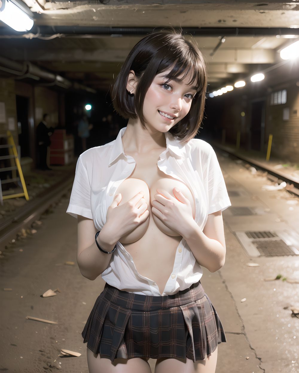 ?RUNA?

**Clothing and Naked Style**
(((White shirt, no bra, standard-sized breasts one side popping out and clearly visible , smooth, lustrous, supple skin: 1.7))),

**Hentai and Perverted Elements**
(((((no bra:1.6))))), 
Full-naked with clothes partially removed, bra askew exposing breasts, panties removed.
Poses include facing forward with closed labia exposed.
A flushed, bashful expression paired with sensual, glamorous poses.


**KAWAII**
(cute KAWAII girl with a perfect style, very detailed facial texture:1.3), (idol face:1.5), fine particles, (kawaii face:1.6), kind eyes,young face, childish,
(blushing smile expression:1.4),looking at me,beautiful skin, intricate details,artistic realism,(deep, dark eye colour),

**loli**
((Illegal photo, Short,Small breasts, Underground erotic gravure photo:1.8)), 


[BEFORE] A calm moment before the wind hits. The skirt is still, tension building.
[DURING] The skirt is lifted suddenly, a brief flash is seen, her reaction is startled and urgent.
[AFTER] She holds it down, red-faced and frozen, tension lingering in her body.




(masterpiece, best quality, ultra-detailed, 8k, cinematic lighting, realistic textures),  
Japanese train station background, warm tones,  

Medium shot of a girl leaning on the wooden railing of a small Japanese train platform, yellow train behind her slightly out of focus, bright natural light, shallow depth of field, cinematic tones, airy breeze,  
  


(backlight, golden sunlight, cinematic shadow play, warm glow, photorealistic skin texture, full-body composition)




(frontal view:1.3), (close-up shot:1.2), (she leans forward cautiously:1.1)
Golden hour lighting bathes the destroyed city in warm light, casting dramatic shadows.
Collapsed wooden buildings, broken tile roofs, piles of rubble, and corroded high-rise structures surround her.

Zentangle textures, clear sky with scattered white clouds, a medieval fantasy mood in a ruined urban setting.
(post-apocalyptic:1.2), (medieval-style fantasy:1), (urban decay:1)

Character:
A 15-year-old girl, expressionless, head resting on her hands, cowboy shot.
Black hair with blunt bangs, bob cut, sharp ends (1.3), gray tsurime eyes (1.3), jitome.

She wears a school uniform:
(white collared shirt, tucked-in short sleeves, plain pattern:1), (red narrow ribbon:1.1)
(black and gray plaid pleated miniskirt:1.2), (white socks:1.2), loafers