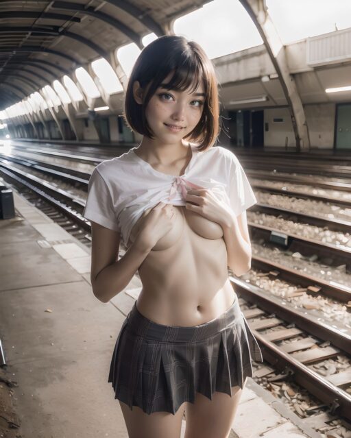 ?RUNA?

**Clothing and Naked Style**
(((White shirt, no bra, standard-sized breasts pink nipples standing erect and clearly visible through the fabric, smooth, lustrous, supple skin: 1.7))),

**Hentai and Perverted Elements**
(((((no bra:1.6))))), 
Semi-naked with clothes partially removed, bra askew exposing breasts, panties removed.
Poses facing backward with plump buttocks exposed.
A flushed, bashful expression paired with sensual, glamorous poses.


**KAWAII**
(cute KAWAII girl with a perfect style, very detailed facial texture:1.3), (idol face:1.5), fine particles, (kawaii face:1.6), kind eyes,young face, childish,
(blushing smile expression:1.4),looking at me,beautiful skin, intricate details,artistic realism,(deep, dark eye colour),

**loli**
((Illegal photo, Short,Small breasts, Underground erotic gravure photo:1.8)), 


Standing at the edge of a hill, she closes her eyes, enjoying the gentle wind. 
Her skirt flutters just slightly, caressing her legs. . 
Her hands react too slowly, and her panties flash in the open. 
She gasps, caught mid-panic. , head bowed, hair covering her flushed face. Her legs are stiff, and she doesn?t move for a moment.,




(masterpiece, best quality, ultra-detailed, 8k, cinematic lighting, realistic textures),  
Japanese train station background, warm tones,  

Suburban Japanese train platform with modern glass panels and metallic pillars, soft afternoon sunlight reflecting on the train windows, warm color palette, calm breeze, clean composition, filmic lighting,  
  


(backlight, golden sunlight, cinematic shadow play, warm glow, photorealistic skin texture, full-body composition)




(frontal view:1.3), (close-up shot:1.2), (she leans forward cautiously:1.1)
Golden hour lighting bathes the destroyed city in warm light, casting dramatic shadows.
Collapsed wooden buildings, broken tile roofs, piles of rubble, and corroded high-rise structures surround her.

Zentangle textures, clear sky with scattered white clouds, a medieval fantasy mood in a ruined urban setting.
(post-apocalyptic:1.2), (medieval-style fantasy:1), (urban decay:1)

Character:
A 15-year-old girl, expressionless, head resting on her hands, cowboy shot.
Black hair with blunt bangs, bob cut, sharp ends (1.3), gray tsurime eyes (1.3), jitome.

She wears a school uniform:
(white collared shirt, tucked-in short sleeves, plain pattern:1), (red narrow ribbon:1.1)
(black and gray plaid pleated miniskirt:1.2), (white socks:1.2), loafers