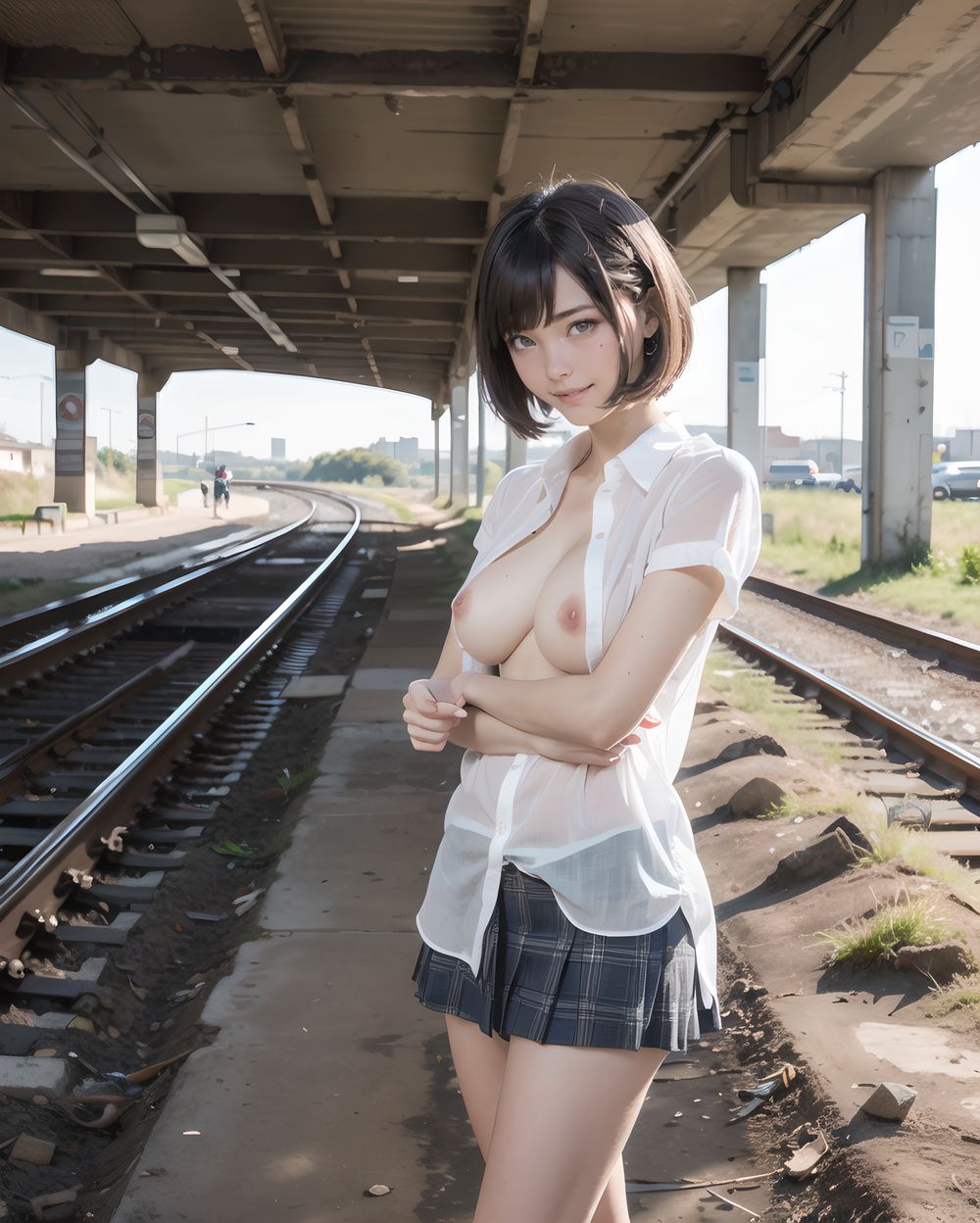 ?RUNA?

**Clothing and Naked Style**
(((White shirt, no bra, small  breasts one side popping out and clearly visible , smooth, lustrous, supple skin: 1.7))),

**Hentai and Perverted Elements**
(((((no bra:1.6))))), 
Semi-naked with clothes partially removed, bra askew exposing breasts, panties removed.
Poses facing backward with plump buttocks exposed.
A flushed, bashful expression paired with sensual, glamorous poses.


**KAWAII**
(cute KAWAII girl with a perfect style, very detailed facial texture:1.3), (idol face:1.5), fine particles, (kawaii face:1.6), kind eyes,young face, childish,
(blushing smile expression:1.4),looking at me,beautiful skin, intricate details,artistic realism,(deep, dark eye colour),

**loli**
((Illegal photo, Short,Small breasts, Underground erotic gravure photo:1.8)), 


A girl standing on a breezy sidewalk, skirt slightly lifted by the wind. She remains unaware, looking off to the side. The moment before she realizes someone is watching. Warm light, natural shadows. Realistic folds in the fabric.((breasts out):1.5),




(masterpiece, best quality, ultra-detailed, 8k, cinematic lighting, realistic textures),  
Japanese train station background, warm tones,  

Empty countryside train platform bathed in warm afternoon light, no people in sight, yellow local train parked silently in the background, the wooden floor glows softly, a faint wind lifts the girl?s hair, serene and cinematic,  
  


(backlight, golden sunlight, cinematic shadow play, warm glow, photorealistic skin texture, full-body composition)




(frontal view:1.3), (close-up shot:1.2), (she leans forward cautiously:1.1)
Golden hour lighting bathes the destroyed city in warm light, casting dramatic shadows.
Collapsed wooden buildings, broken tile roofs, piles of rubble, and corroded high-rise structures surround her.

Zentangle textures, clear sky with scattered white clouds, a medieval fantasy mood in a ruined urban setting.
(post-apocalyptic:1.2), (medieval-style fantasy:1), (urban decay:1)

Character:
A 15-year-old girl, expressionless, head resting on her hands, cowboy shot.
Black hair with blunt bangs, bob cut, sharp ends (1.3), gray tsurime eyes (1.3), jitome.

She wears a school uniform:
(white collared shirt, tucked-in short sleeves, plain pattern:1), (red narrow ribbon:1.1)
(black and gray plaid pleated miniskirt:1.2), (white socks:1.2), loafers