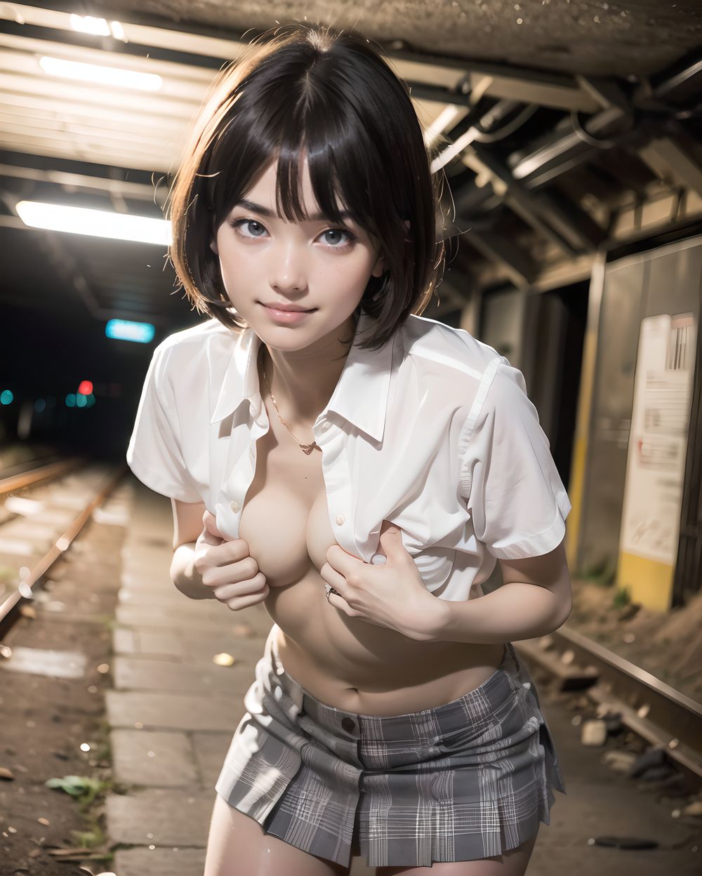 ?RUNA?

**Clothing and Naked Style**
(((White shirt, no bra, small  breasts fully exposed and clearly visible , smooth, lustrous, supple skin: 1.7))),

**Hentai and Perverted Elements**
(((((no bra:1.6))))), 
Full-naked with clothes partially removed, bra askew exposing breasts, panties removed.
Poses facing backward with plump buttocks exposed.
A flushed, bashful expression paired with sensual, glamorous poses.


**KAWAII**
(cute KAWAII girl with a perfect style, very detailed facial texture:1.3), (idol face:1.5), fine particles, (kawaii face:1.6), kind eyes,young face, childish,
(blushing smile expression:1.4),looking at me,beautiful skin, intricate details,artistic realism,(deep, dark eye colour),

**loli**
((Illegal photo, Short,Small breasts, Underground erotic gravure photo:1.8)), 


A girl stands alone in the golden light of afternoon. Her skirt flutters gently, her expression soft and open. She faces the camera, posture relaxed, arms lowered. The wind moves just enough to suggest something more. A moment caught between innocence and consent.




(masterpiece, best quality, ultra-detailed, 8k, cinematic lighting, realistic textures),  
Japanese train station background, warm tones,  

Backlit rural station platform at golden hour, low sunlight casting long shadows, the girl stands near a wooden railing, yellow train doors half open behind her, dust motes glowing in the air, calm wind moving her hair slightly, nostalgic summer tone,  
  


(backlight, golden sunlight, cinematic shadow play, warm glow, photorealistic skin texture, full-body composition)




(frontal view:1.3), (close-up shot:1.2), (she leans forward cautiously:1.1)
Golden hour lighting bathes the destroyed city in warm light, casting dramatic shadows.
Collapsed wooden buildings, broken tile roofs, piles of rubble, and corroded high-rise structures surround her.

Zentangle textures, clear sky with scattered white clouds, a medieval fantasy mood in a ruined urban setting.
(post-apocalyptic:1.2), (medieval-style fantasy:1), (urban decay:1)

Character:
A 15-year-old girl, expressionless, head resting on her hands, cowboy shot.
Black hair with blunt bangs, bob cut, sharp ends (1.3), gray tsurime eyes (1.3), jitome.

She wears a school uniform:
(white collared shirt, tucked-in short sleeves, plain pattern:1), (red narrow ribbon:1.1)
(black and gray plaid pleated miniskirt:1.2), (white socks:1.2), loafers