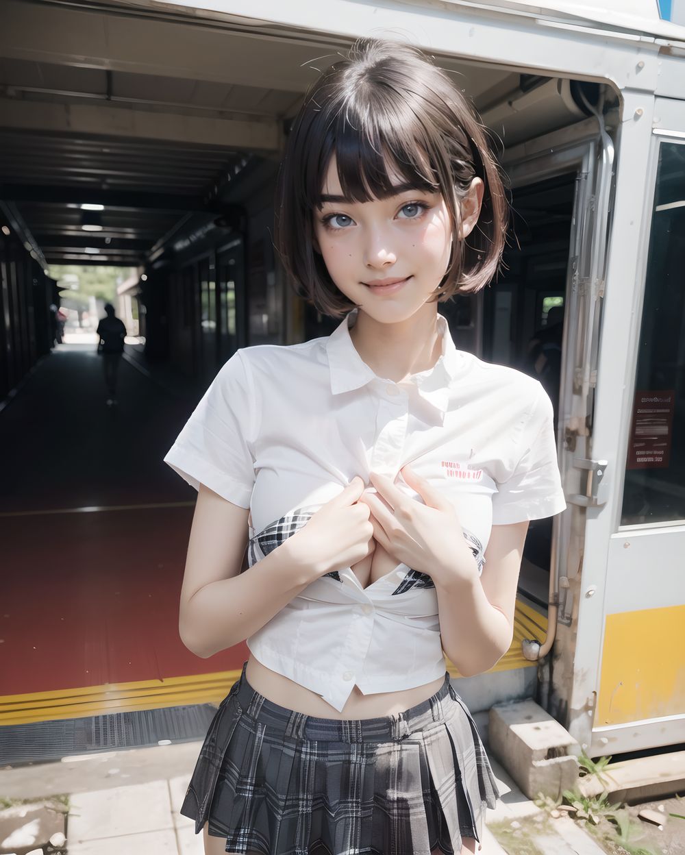 ?RUNA?
**Clothing and Naked Style**
(((White shirt, small breasts fully exposed and clearly visible , smooth, lustrous, supple skin: 1.7))),
**Hentai and Perverted Elements**
(((((no bra:1.6))))),
Semi-naked with clothes partially removed, bra askew exposing breasts, panties removed.
Poses facing backward with plump buttocks exposed.
A flushed, bashful expression paired with sensual, glamorous poses.
**KAWAII**
(cute KAWAII girl with a perfect style, very detailed facial texture:1.3), (idol face:1.5), fine particles, (kawaii face:1.6), kind eyes,young face, childish,
(blushing smile expression:1.4),looking at me,beautiful skin, intricate details,artistic realism,(deep, dark eye colour),
**loli**
((Illegal photo, Short,Small breasts, Underground erotic gravure photo:1.8)),
((Scene 1: In the Silence (Before)
After school at the station platform.
A girl in a school uniform stands with her smartphone in hand.
The hem of her sailor uniform and skirt flutter slightly.
Nothing has happened yet. But the only thing stirring the air is the feeling that the wind is about to pick up.
She was completely unaware, standing there quietly.)),
(masterpiece, best quality, ultra-detailed, 8k, cinematic lighting, realistic textures),
Japanese train station background, warm tones,
Suburban Japanese train platform with modern glass panels and metallic pillars, soft afternoon sunlight reflecting on the train windows, warm color palette, calm breeze, clean composition, filmic lighting,
(backlight, golden sunlight, cinematic shadow play, warm glow, photorealistic skin texture, full-body composition)
(frontal view:1.3), (close-up shot:1.2), (she leans forward cautiously:1.1)
Golden hour lighting bathes the destroyed city in warm light, casting dramatic shadows.
Collapsed wooden buildings, broken tile roofs, piles of rubble, and corroded high-rise structures surround her.
Zentangle textures, clear sky with scattered white clouds, a medieval fantasy mood in a ruined urban setting.
(post-apocalyptic:1.2), (medieval-style fantasy:1), (urban decay:1)
Character:
A 15-year-old girl, expressionless, head resting on her hands, cowboy shot.
Black hair with blunt bangs, bob cut, sharp ends (1.3), gray tsurime eyes (1.3), jitome.
She wears a school uniform:
(white collared shirt, tucked-in short sleeves, plain pattern:1), (red narrow ribbon:1.1)
(black and gray plaid pleated miniskirt:1.2), (white socks:1.2), loafers