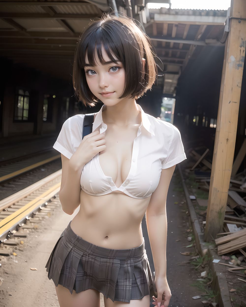 ?RUNA?

**Clothing and Naked Style**
(((White shirt, small  breasts one side popping out and clearly visible , smooth, lustrous, supple skin: 1.7))),

**Hentai and Perverted Elements**
(((((no bra:1.6))))), 
Full-naked with clothes partially removed, bra askew exposing breasts, panties removed.
Poses facing backward with plump buttocks exposed.
A flushed, bashful expression paired with sensual, glamorous poses.


**KAWAII**
(cute KAWAII girl with a perfect style, very detailed facial texture:1.3), (idol face:1.5), fine particles, (kawaii face:1.6), kind eyes,young face, childish,
(blushing smile expression:1.4),looking at me,beautiful skin, intricate details,artistic realism,(deep, dark eye colour),

**loli**
((Illegal photo, Short,Small breasts, Underground erotic gravure photo:1.8)), 



((Scene 3: Unstoppable Heartbeat (After)
The wind had already passed, and the skirt had quietly returned to her legs.
But her hands were still trembling.
Gripping the hem of her skirt with both hands, she kept her head down, her eyes darting around as if aware of someone's gaze.
Shame, surprise, and an odd heat lingering deep within her chest.
She didn't know what it was.
But? ?If it blows again...?
A part of her heart seemed to be waiting for the wind.
And that made her feel even more ashamed)),






(masterpiece, best quality, ultra-detailed, 8k, cinematic lighting, realistic textures),  
Japanese train station background, warm tones,  

A lone station platform at sunset, sky tinted orange and pink, the girl stands near the edge, golden light wraps around her silhouette, wooden textures glowing softly, tranquil and emotionally charged scene,
  


(backlight, golden sunlight, cinematic shadow play, warm glow, photorealistic skin texture, full-body composition)




(frontal view:1.3), (close-up shot:1.2), (she leans forward cautiously:1.1)
Golden hour lighting bathes the destroyed city in warm light, casting dramatic shadows.
Collapsed wooden buildings, broken tile roofs, piles of rubble, and corroded high-rise structures surround her.

Zentangle textures, clear sky with scattered white clouds, a medieval fantasy mood in a ruined urban setting.
(post-apocalyptic:1.2), (medieval-style fantasy:1), (urban decay:1)

Character:
A 15-year-old girl, expressionless, head resting on her hands, cowboy shot.
Black hair with blunt bangs, bob cut, sharp ends (1.3), gray tsurime eyes (1.3), jitome.

She wears a school uniform:
(white collared shirt, tucked-in short sleeves, plain pattern:1), (red narrow ribbon:1.1)
(black and gray plaid pleated miniskirt:1.2), (white socks:1.2), loafers