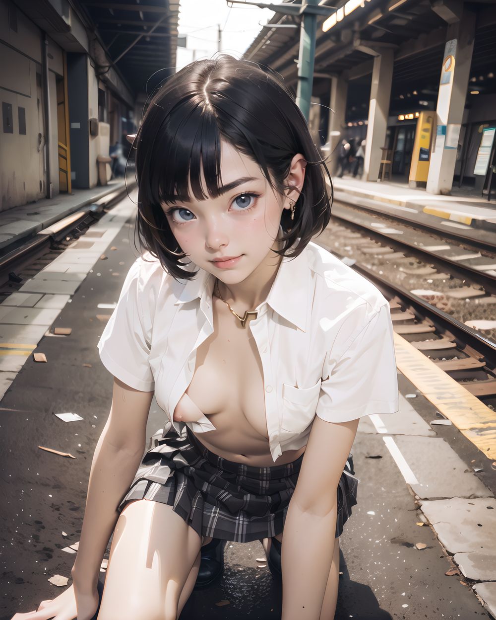 ?RUNA?

**Clothing and Naked Style**
(((White shirt, small  breasts fully exposed and clearly visible , smooth, lustrous, supple skin: 1.7))),

**Hentai and Perverted Elements**
(((((no bra:1.6))))), 
Semi-naked with clothes partially removed, bra askew exposing breasts, panties removed.
Poses facing backward with plump buttocks exposed.
A flushed, bashful expression paired with sensual, glamorous poses.


**KAWAII**
(cute KAWAII girl with a perfect style, very detailed facial texture:1.3), (idol face:1.5), fine particles, (kawaii face:1.6), kind eyes,young face, childish,
(blushing smile expression:1.4),looking at me,beautiful skin, intricate details,artistic realism,(deep, dark eye colour),

**loli**
((Illegal photo, Short,Small breasts, Underground erotic gravure photo:1.8)), 



(( Scene 2: The Sudden Gust (During)
A gust of wind swept through.
In that instant, the skirt's fabric floated up into the air.
??Ahh?!??
With a gasp of surprise, her hands hurriedly reached to hold down the hem.
But it was too late.
The fabric had already fluttered open, revealing a glimpse of the pale white fabric beneath.
It was just a fleeting moment, but she had definitely seen it.
Her hair was blown by the wind, sticking to her cheeks.
Her eyes were lowered, but her face was flushed red)),






(masterpiece, best quality, ultra-detailed, 8k, cinematic lighting, realistic textures),  
Japanese train station background, warm tones,  

Backlit rural station platform at golden hour, low sunlight casting long shadows, the girl stands near a wooden railing, yellow train doors half open behind her, dust motes glowing in the air, calm wind moving her hair slightly, nostalgic summer tone,  
  


(backlight, golden sunlight, cinematic shadow play, warm glow, photorealistic skin texture, full-body composition)




(frontal view:1.3), (close-up shot:1.2), (she leans forward cautiously:1.1)
Golden hour lighting bathes the destroyed city in warm light, casting dramatic shadows.
Collapsed wooden buildings, broken tile roofs, piles of rubble, and corroded high-rise structures surround her.

Zentangle textures, clear sky with scattered white clouds, a medieval fantasy mood in a ruined urban setting.
(post-apocalyptic:1.2), (medieval-style fantasy:1), (urban decay:1)

Character:
A 15-year-old girl, expressionless, head resting on her hands, cowboy shot.
Black hair with blunt bangs, bob cut, sharp ends (1.3), gray tsurime eyes (1.3), jitome.

She wears a school uniform:
(white collared shirt, tucked-in short sleeves, plain pattern:1), (red narrow ribbon:1.1)
(black and gray plaid pleated miniskirt:1.2), (white socks:1.2), loafers