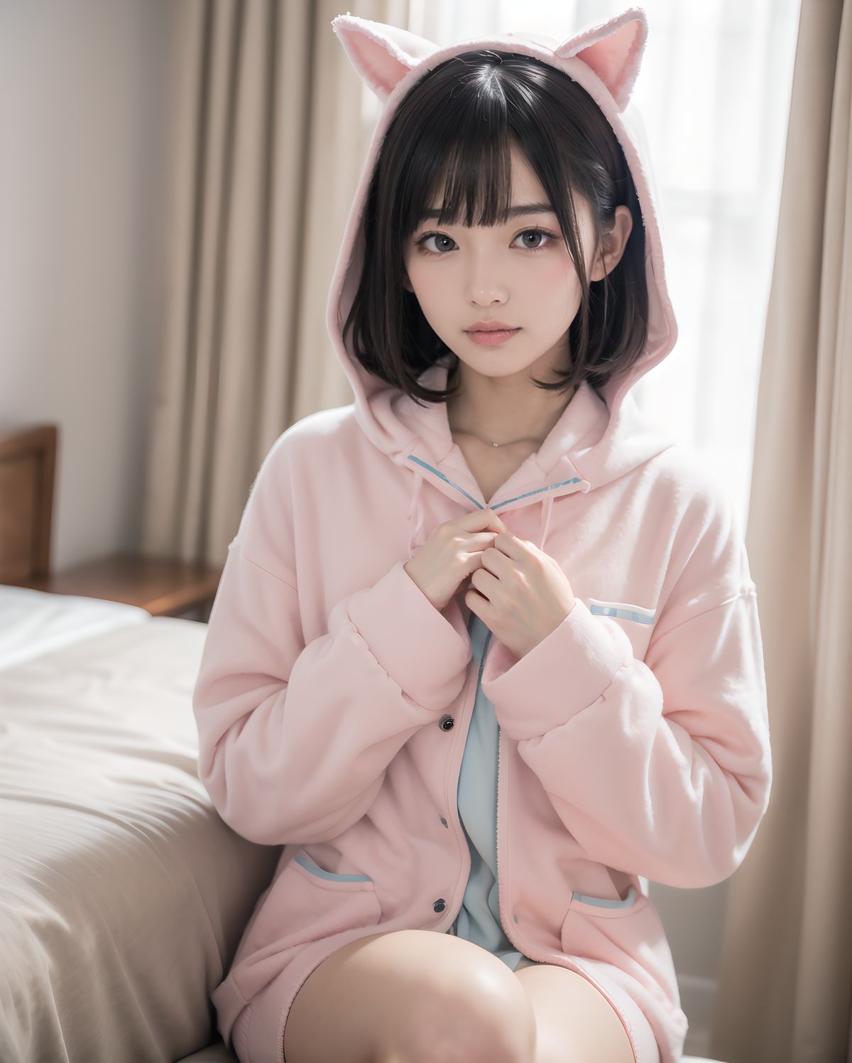 Asuka Hoshimiya, 20-year-old Japanese girl, classic 1980s shoujo idol face, perfect symmetrical heart-shaped face, large sparkling amethyst doe eyes with heart catchlights, iconic 80s idol "po~tto" spaced-out dreamy expression with gently parted cherry lips, gentle head tilt, peach-pink blush gradient, ultra-long silky jet-black hair to mid-thigh with enormous 40cm cream satin quadruple-layer ribbon bow, wearing super fluffy pastel pink bunny-ear hooded moco-moco pajama set fully buttoned up to collar with heart pocket + oversized white long-sleeve T-shirt neatly covering everything to wrists and thighs, no skin exposure except face and hands, sideways sitting on huge frilly pink bed hugging both knees modestly to chest, surrounded by mountain of hundreds of pastel plushies, soft warm morning strawberry-milk sunlight through lace curtains, pink fairy lights heart bokeh, ultra-innocent cozy atmosphere, masterpiece, best quality, absurdres, photorealistic:1.45, 8k
(masterpiece:1.5),(best quality:1.5),(super quality:1.5),(ultra detailed:1.5),(extremely detailed skin:1.5),high-resolution,Raw Photo,4k,8k,