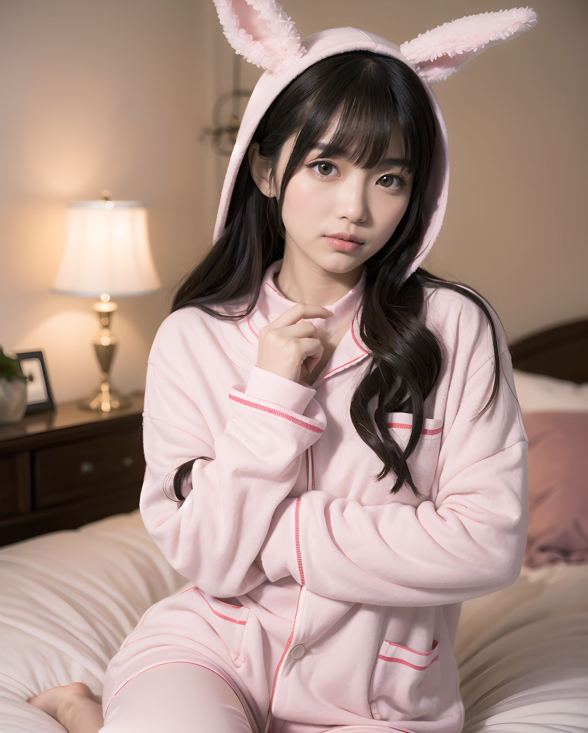 Asuka Hoshimiya, 20-year-old Japanese girl, classic 1980s shoujo idol face, perfect symmetrical heart-shaped face, large sparkling amethyst doe eyes with heart catchlights, iconic 80s idol "po~tto" spaced-out dreamy expression with gently parted cherry lips, gentle head tilt, peach-pink blush gradient, ultra-long silky jet-black hair to mid-thigh with enormous 40cm cream satin quadruple-layer ribbon bow, wearing super fluffy pastel pink bunny-ear hooded moco-moco pajama set fully buttoned up to collar with heart pocket + oversized white long-sleeve T-shirt neatly covering everything to wrists and thighs, no skin exposure except face and hands, sideways sitting on huge frilly pink bed hugging both knees modestly to chest, surrounded by mountain of hundreds of pastel plushies, soft warm morning strawberry-milk sunlight through lace curtains, pink fairy lights heart bokeh, ultra-innocent cozy atmosphere, masterpiece, best quality, absurdres, photorealistic:1.45, 8k
(masterpiece:1.5),(best quality:1.5),(super quality:1.5),(ultra detailed:1.5),(extremely detailed skin:1.5),high-resolution,Raw Photo,4k,8k,