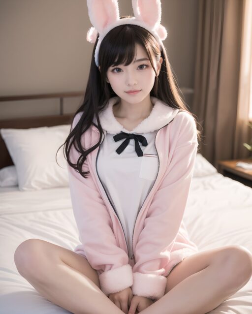 Asuka Hoshimiya, 20-year-old Japanese girl, classic 1980s shoujo idol face, perfect symmetrical heart-shaped face, large sparkling amethyst doe eyes with heart catchlights, iconic 80s idol "po~tto" spaced-out dreamy expression with gently parted cherry lips, gentle head tilt, peach-pink blush gradient, ultra-long silky jet-black hair to mid-thigh with enormous 40cm cream satin quadruple-layer ribbon bow, wearing super fluffy pastel pink bunny-ear hooded moco-moco pajama set fully buttoned up to collar with heart pocket + oversized white long-sleeve T-shirt neatly covering everything to wrists and thighs, no skin exposure except face and hands, sideways sitting on huge frilly pink bed hugging both knees modestly to chest, surrounded by mountain of hundreds of pastel plushies, soft warm morning strawberry-milk sunlight through lace curtains, pink fairy lights heart bokeh, ultra-innocent cozy atmosphere, masterpiece, best quality, absurdres, photorealistic:1.45, 8k

(masterpiece:1.5),(best quality:1.5),(super quality:1.5),(ultra detailed:1.5),(extremely detailed skin:1.5),high-resolution,Raw Photo,4k,8k,