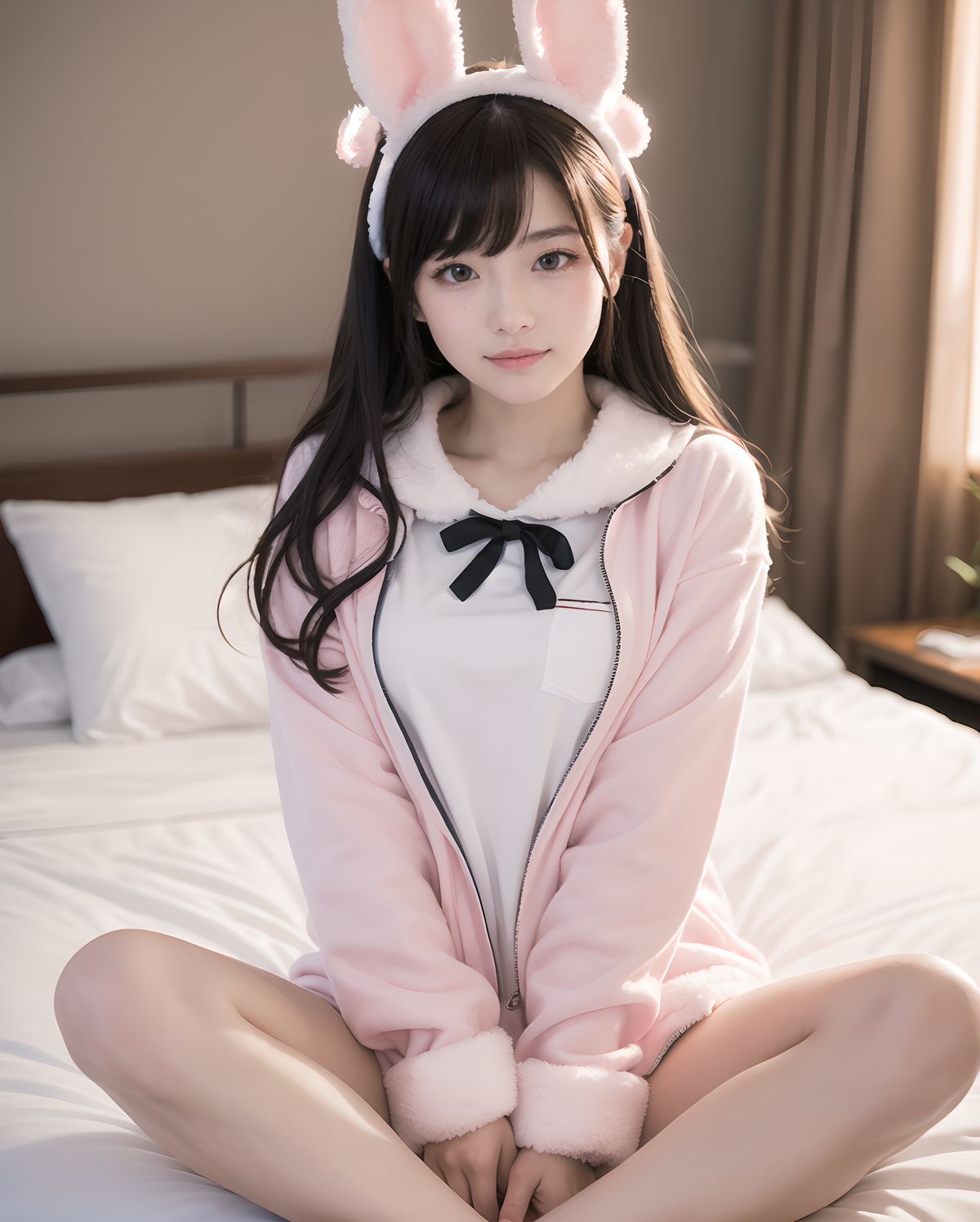 Asuka Hoshimiya, 20-year-old Japanese girl, classic 1980s shoujo idol face, perfect symmetrical heart-shaped face, large sparkling amethyst doe eyes with heart catchlights, iconic 80s idol "po~tto" spaced-out dreamy expression with gently parted cherry lips, gentle head tilt, peach-pink blush gradient, ultra-long silky jet-black hair to mid-thigh with enormous 40cm cream satin quadruple-layer ribbon bow, wearing super fluffy pastel pink bunny-ear hooded moco-moco pajama set fully buttoned up to collar with heart pocket + oversized white long-sleeve T-shirt neatly covering everything to wrists and thighs, no skin exposure except face and hands, sideways sitting on huge frilly pink bed hugging both knees modestly to chest, surrounded by mountain of hundreds of pastel plushies, soft warm morning strawberry-milk sunlight through lace curtains, pink fairy lights heart bokeh, ultra-innocent cozy atmosphere, masterpiece, best quality, absurdres, photorealistic:1.45, 8k
(masterpiece:1.5),(best quality:1.5),(super quality:1.5),(ultra detailed:1.5),(extremely detailed skin:1.5),high-resolution,Raw Photo,4k,8k,