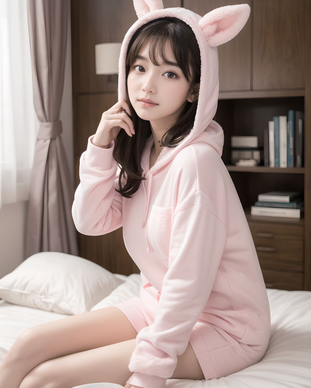 (masterpiece:1.5),(best quality:1.5),(super quality:1.5),(ultra detailed:1.5),(extremely detailed skin:1.5),high-resolution,Raw Photo,4k,8k,
Asuka Hoshimiya, 20-year-old Japanese girl, classic 1980s shoujo idol face, perfect symmetrical heart-shaped face, large sparkling amethyst doe eyes with heart catchlights, iconic 80s idol "po~tto" spaced-out dreamy expression with gently parted cherry lips, gentle head tilt, peach-pink blush gradient, ultra-long silky jet-black hair to mid-thigh with enormous 40cm cream satin quadruple-layer ribbon bow, wearing super fluffy pastel pink bunny-ear hooded moco-moco pajama set fully buttoned up to collar with heart pocket + oversized white long-sleeve T-shirt neatly covering everything to wrists and thighs, no skin exposure except face and hands, sideways sitting on huge frilly pink bed hugging both knees modestly to chest, surrounded by mountain of hundreds of pastel plushies, soft warm morning strawberry-milk sunlight through lace curtains, pink fairy lights heart bokeh, ultra-innocent cozy atmosphere, masterpiece, best quality, absurdres, photorealistic:1.45, 8k