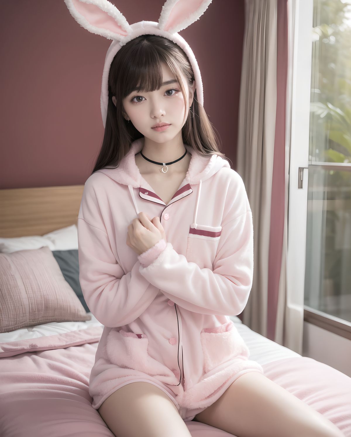 (masterpiece:1.5),(best quality:1.5),(super quality:1.5),(ultra detailed:1.5),(extremely detailed skin:1.5),high-resolution,Raw Photo,4k,8k,
Asuka Hoshimiya, 20-year-old Japanese girl, classic 1980s shoujo idol face, perfect symmetrical heart-shaped face, large sparkling amethyst doe eyes with heart catchlights, iconic 80s idol "po~tto" spaced-out dreamy expression with gently parted cherry lips, gentle head tilt, peach-pink blush gradient, ultra-long silky jet-black hair to mid-thigh with enormous 40cm cream satin quadruple-layer ribbon bow,
(
wearing super fluffy pastel pink bunny-ear hooded moco-moco pajama set fully buttoned up to collar with heart pocket + oversized white long-sleeve T-shirt neatly covering everything to wrists and thighs, no skin exposure except face and hands,
)
sideways sitting on huge frilly pink bed hugging both knees to chest cutely, surrounded by mountain of hundreds of pastel plushies, soft warm morning strawberry-milk sunlight through lace curtains, pink fairy lights heart bokeh, masterpiece, best quality, absurdres, photorealistic:1.45, 8k,