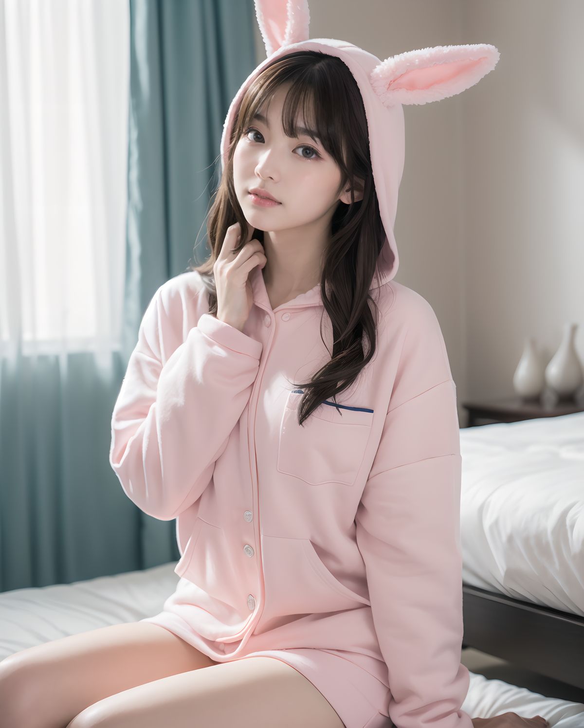 (masterpiece:1.5),(best quality:1.5),(super quality:1.5),(ultra detailed:1.5),(extremely detailed skin:1.5),high-resolution,Raw Photo,4k,8k,
Asuka Hoshimiya, 20-year-old Japanese girl, classic 1980s shoujo idol face, perfect symmetrical heart-shaped face, large sparkling amethyst doe eyes with heart catchlights, iconic 80s idol "po~tto" spaced-out dreamy expression with gently parted cherry lips, gentle head tilt, peach-pink blush gradient, ultra-long silky jet-black hair to mid-thigh with enormous 40cm cream satin quadruple-layer ribbon bow,
(
wearing super fluffy pastel pink bunny-ear hooded moco-moco pajama set fully buttoned up to collar with heart pocket + oversized white long-sleeve T-shirt neatly covering everything to wrists and thighs, no skin exposure except face and hands,
)
sideways sitting on huge frilly pink bed hugging both knees to chest cutely, surrounded by mountain of hundreds of pastel plushies, soft warm morning strawberry-milk sunlight through lace curtains, pink fairy lights heart bokeh, masterpiece, best quality, absurdres, photorealistic:1.45, 8k,