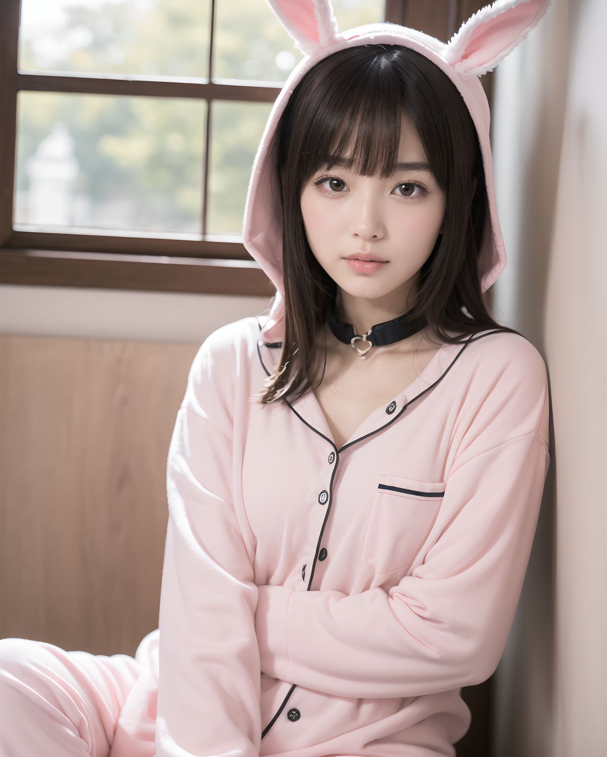 (masterpiece:1.5),(best quality:1.5),(super quality:1.5),(ultra detailed:1.5),(extremely detailed skin:1.5),high-resolution,Raw Photo,4k,8k,
Asuka Hoshimiya, 20-year-old Japanese girl, classic 1980s shoujo idol face, perfect symmetrical heart-shaped face, large sparkling amethyst doe eyes with heart catchlights, iconic 80s idol "po~tto" spaced-out dreamy expression with gently parted cherry lips, gentle head tilt, peach-pink blush gradient, ultra-long silky jet-black hair to mid-thigh with enormous 40cm cream satin quadruple-layer ribbon bow,
(
wearing super fluffy pastel pink bunny-ear hooded moco-moco pajama set fully buttoned up to collar with heart pocket + extra-long pajama pants completely covering legs to ankles + oversized white long-sleeve T-shirt neatly layered on top reaching mid-thigh like a mini dress, fabric softly draped with no gaps, knees fully hidden even in sideways knee-hug pose, absolutely no thigh or skin exposure except face and hands, ultra-modest and innocent coverage,
)
sideways sitting on huge frilly pink bed hugging both knees to chest cutely, surrounded by mountain of hundreds of pastel plushies, soft warm morning strawberry-milk sunlight through lace curtains, pink fairy lights heart bokeh, masterpiece, best quality, absurdres, photorealistic:1.45, 8k,