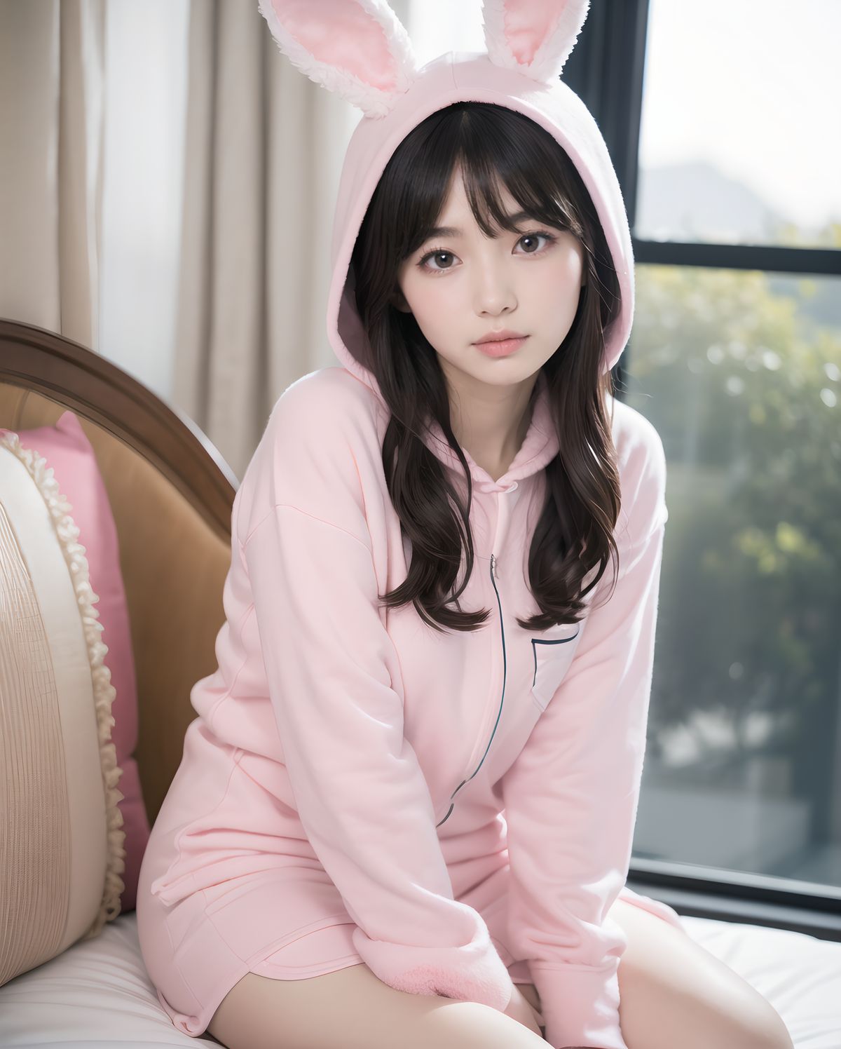 (masterpiece:1.5),(best quality:1.5),(super quality:1.5),(ultra detailed:1.5),(extremely detailed skin:1.5),high-resolution,Raw Photo,4k,8k,
Asuka Hoshimiya, 20-year-old Japanese girl, classic 1980s shoujo idol face, perfect symmetrical heart-shaped face, large sparkling amethyst doe eyes with heart catchlights, iconic 80s idol "po~tto" spaced-out dreamy expression with gently parted cherry lips, gentle head tilt, peach-pink blush gradient, ultra-long silky jet-black hair to mid-thigh with enormous 40cm cream satin quadruple-layer ribbon bow,
(
wearing super fluffy pastel pink bunny-ear hooded moco-moco pajama set fully buttoned up to collar with heart pocket + extra-long pajama pants completely covering legs to ankles + oversized white long-sleeve T-shirt neatly layered on top reaching mid-thigh like a mini dress, fabric softly draped with no gaps, knees fully hidden even in sideways knee-hug pose, absolutely no thigh or skin exposure except face and hands, ultra-modest and innocent coverage,
)
sideways sitting on huge frilly pink bed hugging both knees to chest cutely, surrounded by mountain of hundreds of pastel plushies, soft warm morning strawberry-milk sunlight through lace curtains, pink fairy lights heart bokeh, masterpiece, best quality, absurdres, photorealistic:1.45, 8k,