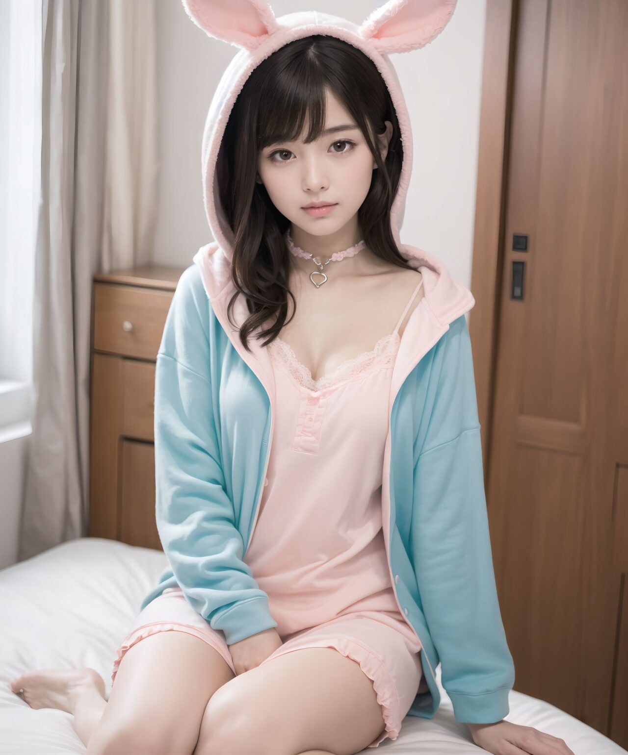 (masterpiece:1.5),(best quality:1.5),(super quality:1.5),(ultra detailed:1.5),(extremely detailed skin:1.5),high-resolution,Raw Photo,4k,8k,
Asuka Hoshimiya, 20-year-old Japanese girl, classic 1980s shoujo idol face, perfect symmetrical heart-shaped face, large sparkling amethyst doe eyes with heart catchlights, iconic 80s idol "po~tto" spaced-out dreamy expression with gently parted cherry lips, gentle head tilt, peach-pink blush gradient, ultra-long silky jet-black hair to mid-thigh with enormous 40cm cream satin quadruple-layer ribbon bow,
(
wearing super fluffy pastel pink bunny-ear hooded moco-moco pajama set fully buttoned up to collar with heart pocket + extra-long pajama pants completely covering legs to ankles + oversized white long-sleeve T-shirt neatly layered on top reaching mid-thigh like a mini dress, fabric softly draped with no gaps, knees fully hidden even in sideways knee-hug pose, absolutely no thigh or skin exposure except face and hands, ultra-modest and innocent coverage,
)
sideways sitting on huge frilly pink bed hugging both knees to chest cutely, surrounded by mountain of hundreds of pastel plushies, soft warm morning strawberry-milk sunlight through lace curtains, pink fairy lights heart bokeh, masterpiece, best quality, absurdres, photorealistic:1.45, 8k,