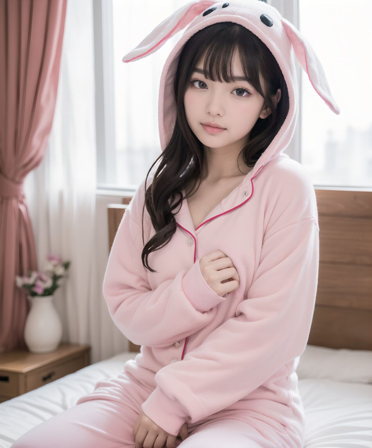 (masterpiece:1.5),(best quality:1.5),(super quality:1.5),(ultra detailed:1.5),(extremely detailed skin:1.5),high-resolution,Raw Photo,4k,8k,
Asuka Hoshimiya, 20-year-old Japanese girl, classic 1980s shoujo idol face, perfect symmetrical heart-shaped face, large sparkling amethyst doe eyes with heart catchlights, iconic 80s idol "po~tto" spaced-out dreamy expression with gently parted cherry lips, gentle head tilt, peach-pink blush gradient, ultra-long silky jet-black hair to mid-thigh with enormous 40cm cream satin quadruple-layer ribbon bow,
(
Ultra-fluffy pastel pink bunny-ear hooded pajama set buttoned securely up to the collar, featuring heart pockets + extra-long pajama pants covering all the way to the ankles + layered neatly over it a large white long-sleeve T-shirt resembling a mini dress.
The fabric drapes softly without gaps, in a pose hugging knees sideways.
A modest outfit with minimal skin exposure.
)
sideways sitting on huge frilly pink bed hugging both knees to chest cutely, surrounded by mountain of hundreds of pastel plushies, soft warm morning strawberry-milk sunlight through lace curtains, pink fairy lights heart bokeh, masterpiece, best quality, absurdres, photorealistic:1.45, 8k,