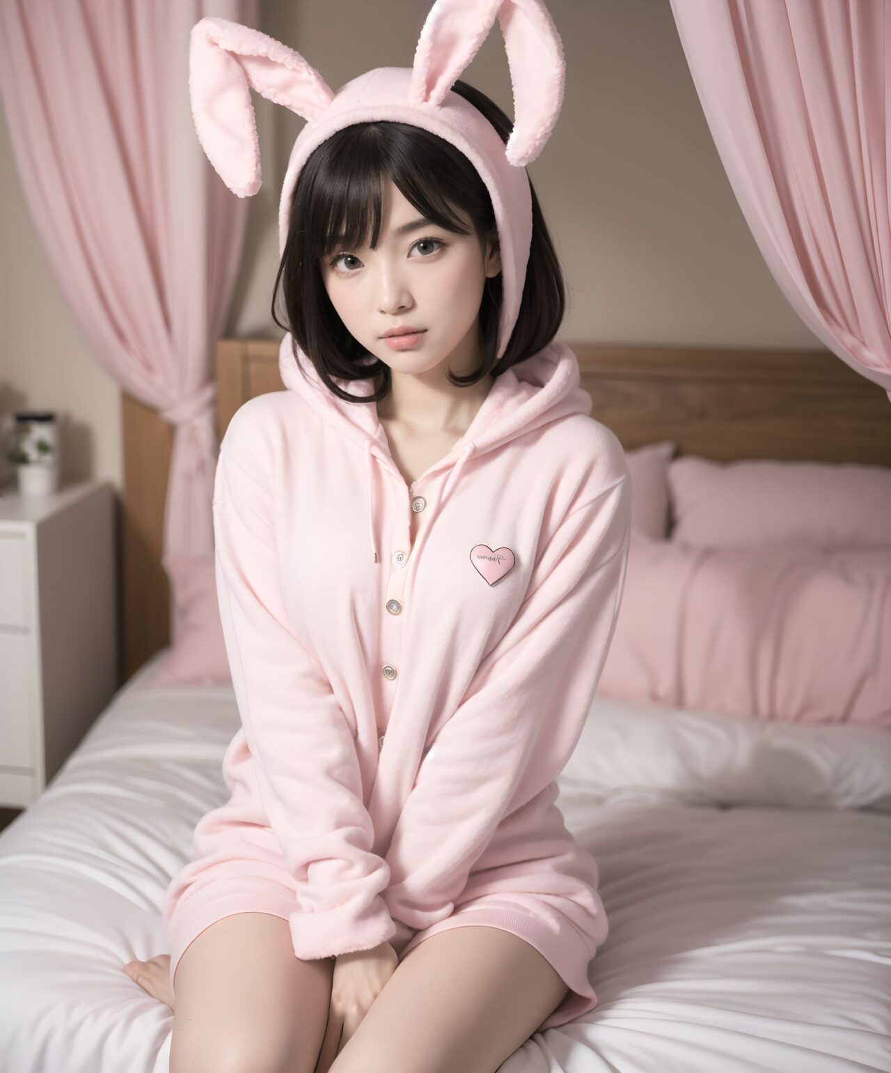 (masterpiece:1.5),(best quality:1.5),(super quality:1.5),(ultra detailed:1.5),(extremely detailed skin:1.5),high-resolution,Raw Photo,4k,8k,
Asuka Hoshimiya, 20-year-old Japanese girl, classic 1980s shoujo idol face, perfect symmetrical heart-shaped face, large sparkling amethyst doe eyes with heart catchlights, iconic 80s idol "po~tto" spaced-out dreamy expression with gently parted cherry lips, gentle head tilt, peach-pink blush gradient, ultra-long silky jet-black hair to mid-thigh with enormous 40cm cream satin quadruple-layer ribbon bow,
(
Ultra-fluffy pastel pink bunny-ear hooded pajama set buttoned securely up to the collar, featuring heart pockets + extra-long pajama pants covering all the way to the ankles + layered neatly over it a large white long-sleeve T-shirt resembling a mini dress.
The fabric drapes softly without gaps, in a pose hugging knees sideways.
A modest outfit with minimal skin exposure.
)
sideways sitting on huge frilly pink bed hugging both knees to chest cutely, surrounded by mountain of hundreds of pastel plushies, soft warm morning strawberry-milk sunlight through lace curtains, pink fairy lights heart bokeh, masterpiece, best quality, absurdres, photorealistic:1.45, 8k,