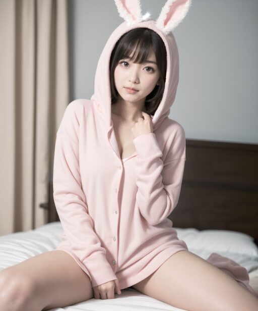 (masterpiece:1.5),(best quality:1.5),(super quality:1.5),(ultra detailed:1.5),(extremely detailed skin:1.5),high-resolution,Raw Photo,4k,8k,

Asuka Hoshimiya, 20-year-old Japanese girl, classic 1980s shoujo idol face, perfect symmetrical heart-shaped face, large sparkling amethyst doe eyes with heart catchlights, iconic 80s idol "po~tto" spaced-out dreamy expression with gently parted cherry lips, gentle head tilt, peach-pink blush gradient, ultra-long silky jet-black hair to mid-thigh with enormous 40cm cream satin quadruple-layer ribbon bow, 
(
Ultra-fluffy pastel pink bunny-ear hooded pajama set buttoned securely up to the collar, featuring heart pockets + extra-long pajama pants covering all the way to the ankles + layered neatly over it a large white long-sleeve T-shirt resembling a mini dress.
The fabric drapes softly without gaps, in a pose hugging knees sideways.
A modest outfit with minimal skin exposure.
)
sideways sitting on huge frilly pink bed hugging both knees to chest cutely, surrounded by mountain of hundreds of pastel plushies, soft warm morning strawberry-milk sunlight through lace curtains, pink fairy lights heart bokeh, masterpiece, best quality, absurdres, photorealistic:1.45, 8k,