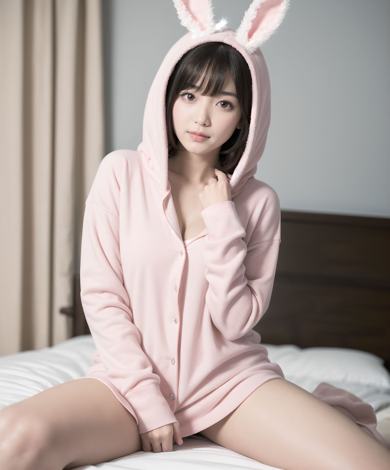 (masterpiece:1.5),(best quality:1.5),(super quality:1.5),(ultra detailed:1.5),(extremely detailed skin:1.5),high-resolution,Raw Photo,4k,8k,
Asuka Hoshimiya, 20-year-old Japanese girl, classic 1980s shoujo idol face, perfect symmetrical heart-shaped face, large sparkling amethyst doe eyes with heart catchlights, iconic 80s idol "po~tto" spaced-out dreamy expression with gently parted cherry lips, gentle head tilt, peach-pink blush gradient, ultra-long silky jet-black hair to mid-thigh with enormous 40cm cream satin quadruple-layer ribbon bow,
(
Ultra-fluffy pastel pink bunny-ear hooded pajama set buttoned securely up to the collar, featuring heart pockets + extra-long pajama pants covering all the way to the ankles + layered neatly over it a large white long-sleeve T-shirt resembling a mini dress.
The fabric drapes softly without gaps, in a pose hugging knees sideways.
A modest outfit with minimal skin exposure.
)
sideways sitting on huge frilly pink bed hugging both knees to chest cutely, surrounded by mountain of hundreds of pastel plushies, soft warm morning strawberry-milk sunlight through lace curtains, pink fairy lights heart bokeh, masterpiece, best quality, absurdres, photorealistic:1.45, 8k,