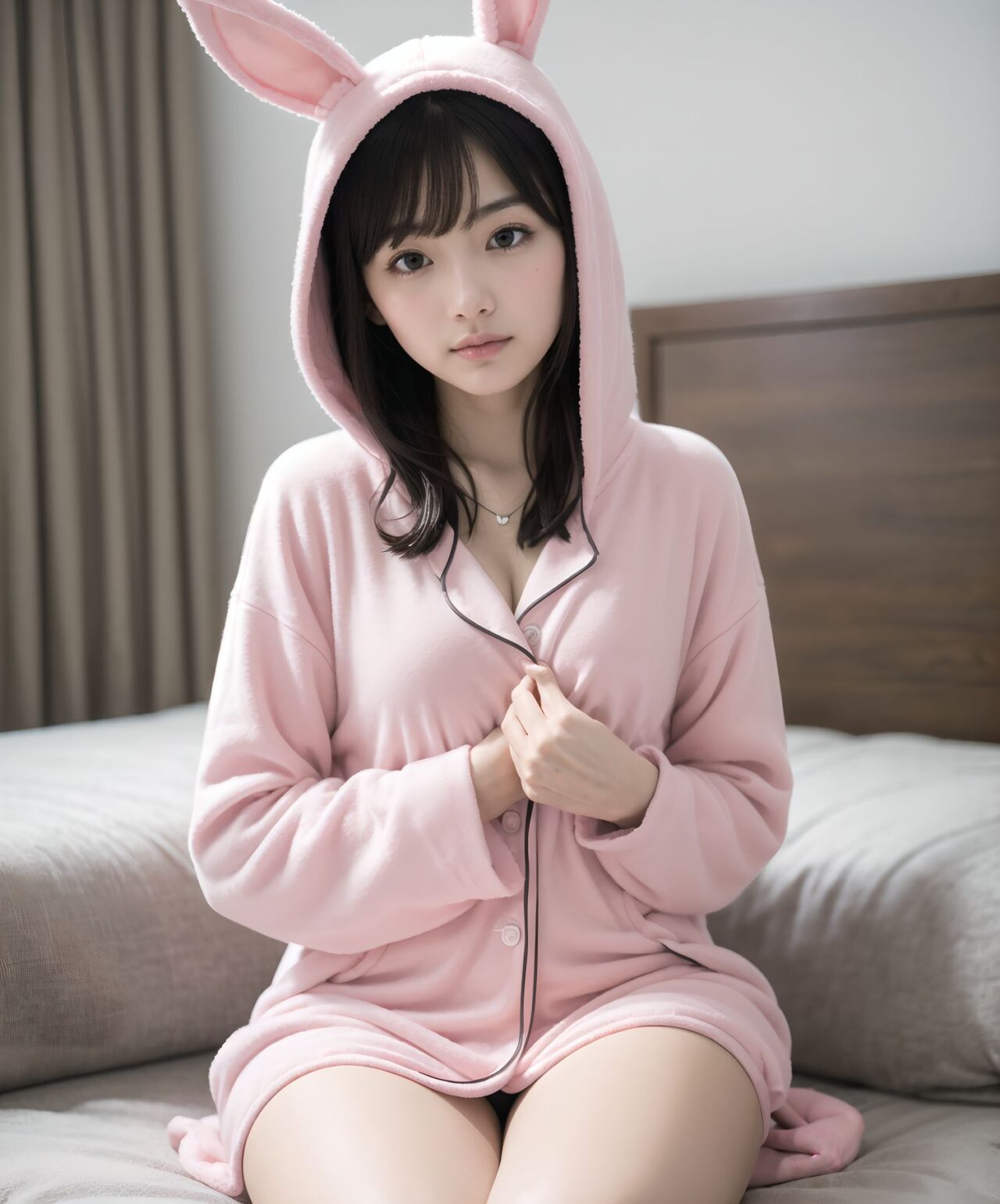 (masterpiece:1.5),(best quality:1.5),(super quality:1.5),(ultra detailed:1.5),(extremely detailed skin:1.5),high-resolution,Raw Photo,4k,8k,
Asuka Hoshimiya, 20-year-old Japanese girl, classic 1980s shoujo idol face, perfect symmetrical heart-shaped face, large sparkling amethyst doe eyes with heart catchlights, iconic 80s idol "po~tto" spaced-out dreamy expression with gently parted cherry lips, gentle head tilt, peach-pink blush gradient, ultra-long silky jet-black hair to mid-thigh with enormous 40cm cream satin quadruple-layer ribbon bow,
(
Ultra-fluffy pastel pink rabbit-ear hooded pajama set. Features a slightly open neckline. Includes heart-shaped pockets + extra-long pajama pants that fully cover the ankles + a white long-sleeve T-shirt layered neatly over them like a mini dress.
Posed hugging her knees and turned sideways, the fabric drapes softly and seamlessly without gaps.
A modest outfit with minimal skin exposure.
)
sideways sitting on huge frilly pink bed hugging both knees to chest cutely, surrounded by mountain of hundreds of pastel plushies, soft warm morning strawberry-milk sunlight through lace curtains, pink fairy lights heart bokeh, masterpiece, best quality, absurdres, photorealistic:1.45, 8k,