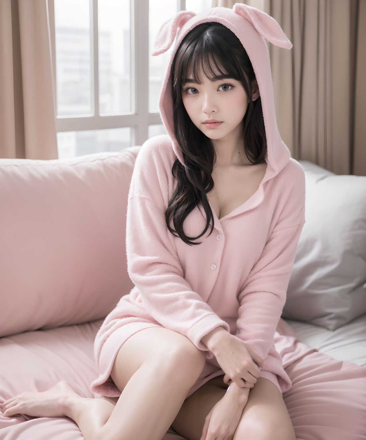 (masterpiece:1.5),(best quality:1.5),(super quality:1.5),(ultra detailed:1.5),(extremely detailed skin:1.5),high-resolution,Raw Photo,4k,8k,
Asuka Hoshimiya, 20-year-old Japanese girl, classic 1980s shoujo idol face, perfect symmetrical heart-shaped face, large sparkling amethyst doe eyes with heart catchlights, iconic 80s idol "po~tto" spaced-out dreamy expression with gently parted cherry lips, gentle head tilt, peach-pink blush gradient, ultra-long silky jet-black hair to mid-thigh with enormous 40cm cream satin quadruple-layer ribbon bow,
(
Ultra-fluffy pastel pink rabbit-ear hooded pajama set. Features a slightly open neckline. Includes heart-shaped pockets + extra-long pajama pants that fully cover the ankles + a white long-sleeve T-shirt layered neatly over them like a mini dress.
Posed hugging her knees and turned sideways, the fabric drapes softly and seamlessly without gaps.
A modest outfit with minimal skin exposure.
)
sideways sitting on huge frilly pink bed hugging both knees to chest cutely, surrounded by mountain of hundreds of pastel plushies, soft warm morning strawberry-milk sunlight through lace curtains, pink fairy lights heart bokeh, masterpiece, best quality, absurdres, photorealistic:1.45, 8k,