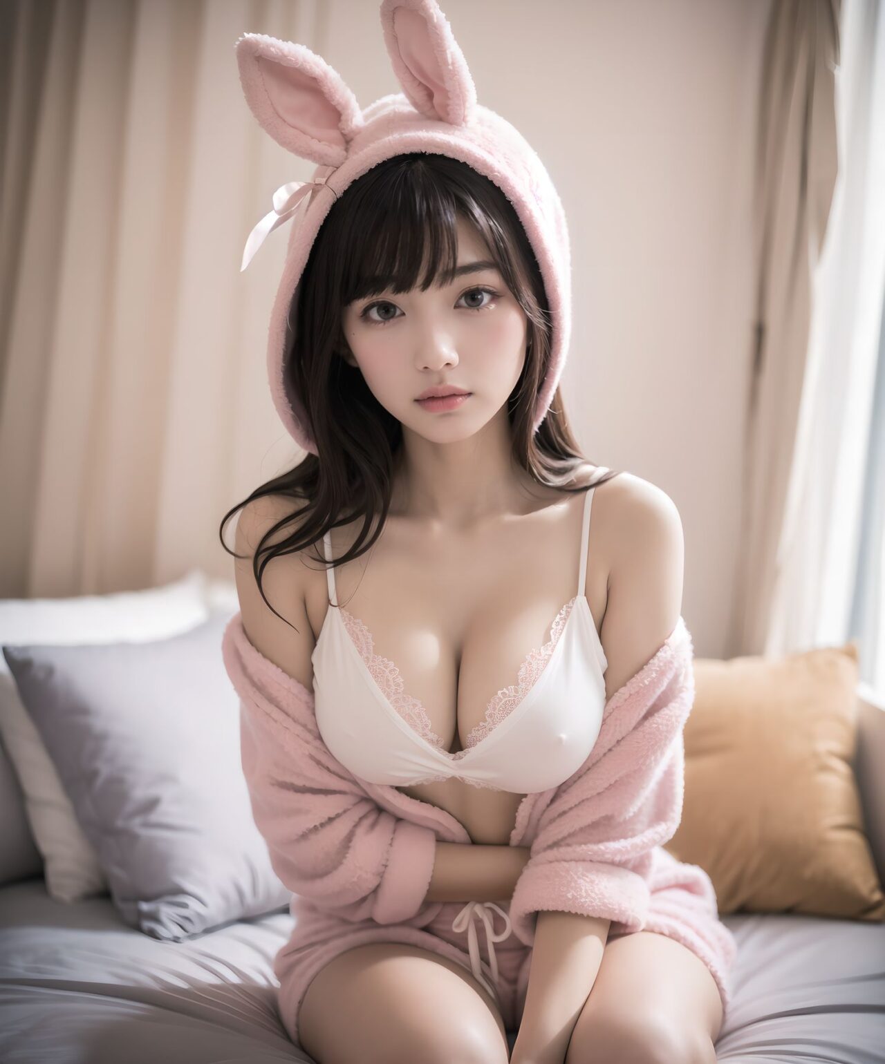 (masterpiece:1.5),(best quality:1.5),(super quality:1.5),(ultra detailed:1.5),(extremely detailed skin:1.5),high-resolution,Raw Photo,4k,8k,
Asuka Hoshimiya, 20-year-old Japanese girl, classic 1980s shoujo idol face, perfect symmetrical heart-shaped face, large sparkling amethyst doe eyes with heart catchlights, iconic 80s idol "po~tto" spaced-out dreamy expression with gently parted cherry lips, gentle head tilt, peach-pink blush gradient, ultra-long silky jet-black hair to mid-thigh with enormous 40cm cream satin quadruple-layer ribbon bow,
(
wearing super fluffy pastel pink bunny-ear hooded pajama top with top three buttons casually undone revealing soft collarbone and faint shadow of cleavage (no actual cleavage visible), pajama shorts riding naturally high on thighs from sideways knee-hug pose showing smooth bare thighs warmly lit, oversized white T-shirt slipping off one shoulder revealing delicate shoulder curve only, subtle relaxed looseness,
)
sideways sitting on huge frilly pink bed hugging both knees to chest cutely, surrounded by mountain of hundreds of pastel plushies, soft warm morning strawberry-milk sunlight through lace curtains, pink fairy lights heart bokeh, masterpiece, best quality, absurdres, photorealistic:1.45, 8k,