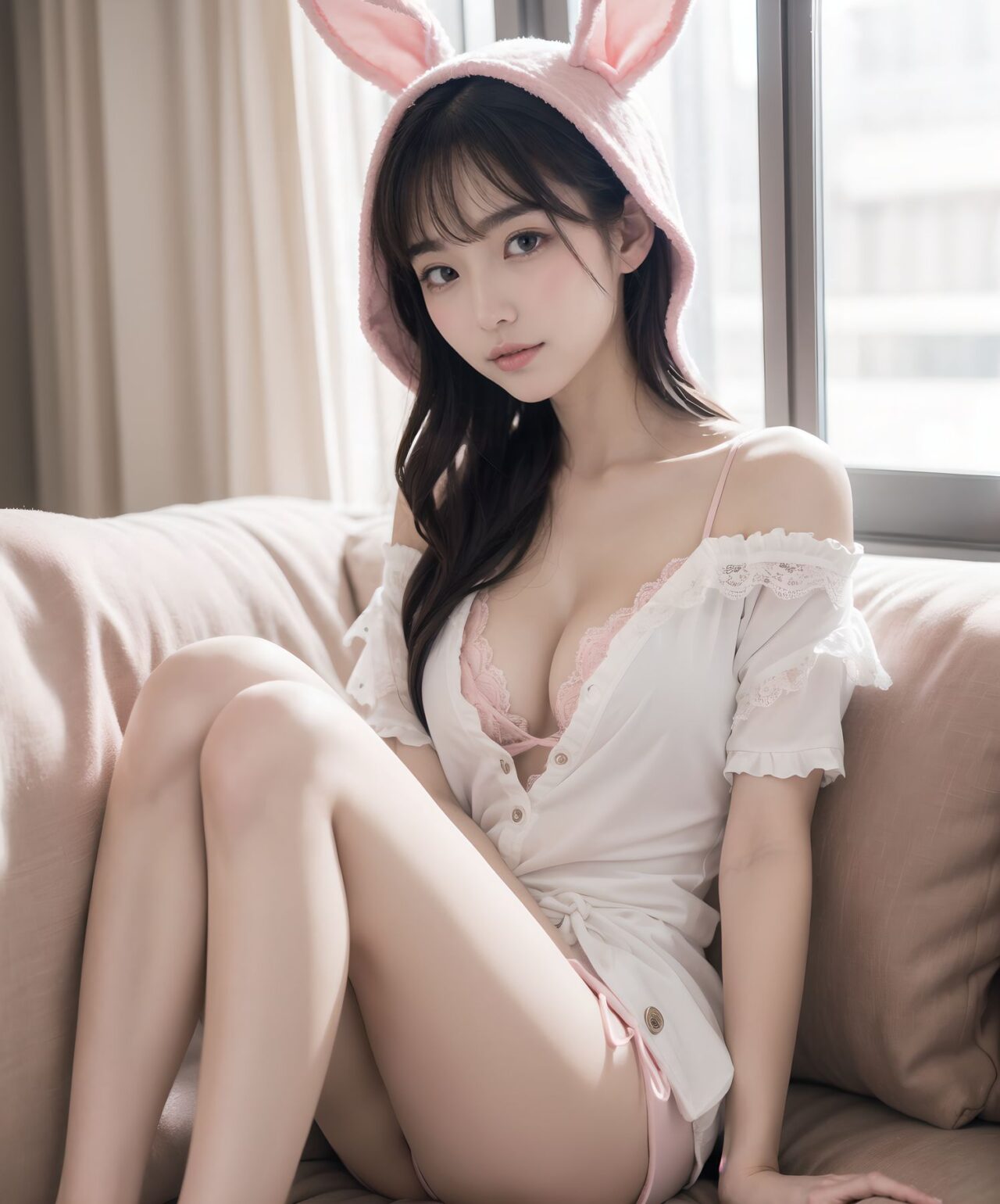 (masterpiece:1.5),(best quality:1.5),(super quality:1.5),(ultra detailed:1.5),(extremely detailed skin:1.5),high-resolution,Raw Photo,4k,8k,
Asuka Hoshimiya, 20-year-old Japanese girl, classic 1980s shoujo idol face, perfect symmetrical heart-shaped face, large sparkling amethyst doe eyes with heart catchlights, iconic 80s idol "po~tto" spaced-out dreamy expression with gently parted cherry lips, gentle head tilt, peach-pink blush gradient, ultra-long silky jet-black hair to mid-thigh with enormous 40cm cream satin quadruple-layer ribbon bow,
(
wearing super fluffy pastel pink bunny-ear hooded pajama top with top three buttons casually undone revealing soft collarbone and faint shadow of cleavage (no actual cleavage visible), pajama shorts riding naturally high on thighs from sideways knee-hug pose showing smooth bare thighs warmly lit, oversized white T-shirt slipping off one shoulder revealing delicate shoulder curve only, subtle relaxed looseness,
)
sideways sitting on huge frilly pink bed hugging both knees to chest cutely, surrounded by mountain of hundreds of pastel plushies, soft warm morning strawberry-milk sunlight through lace curtains, pink fairy lights heart bokeh, masterpiece, best quality, absurdres, photorealistic:1.45, 8k,