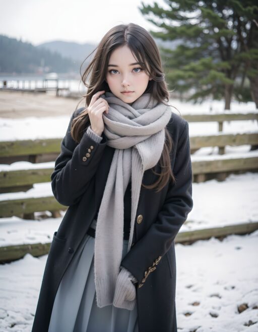?Scene / Environment?
winter coastal flower garden faint colors,
clear chilly air, crisp morning brightness, gentle seaside winter silence,

?Outfit / Clothing?
cream turtleneck knit + pleated skirt + warm tights,
soft layers, warm textures, winter modest elegance,

?Pose / Body?
adjusting scarf,
gentle movements blending shyness and small confidence,

?Expression / Gaze?
?look but not all? teasing eyes,

?Camera Angle / Framing?
50mm natural portrait, dynamic angle shot framing, airy outdoor depth,
?Lighting / Mood?
cold morning glow,
clean bright winter gravure tone,

?Skin / Texture / Detail?
soft fair skin with winter glow, knit and coat fibers detailed, breath visible in cold air,

?Story Snippet?
when the winter breeze lifts her coat hem, she adjusts her scarf with that familiar shy?bold habit, letting the lens see just enough warmth,

BLAKE

semi-long black wavy hair, vivid expressive eyes, adult 20+, winter coastal flower garden faint colors, white wool coat + pastel knit + mini scarf, brushing hair as muffler shifts, shy upward glance in scarf, 50mm natural portrait, winter backlight halo, clean winter gravure mood, masterpiece, best quality,