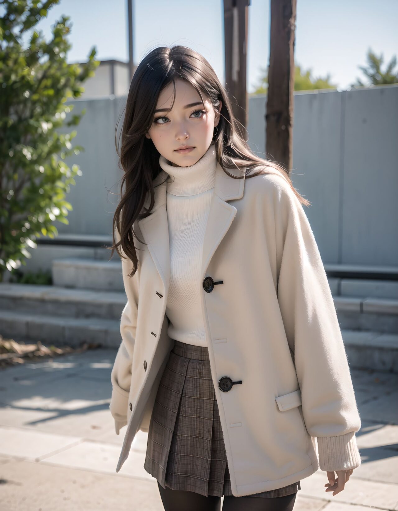 ?Scene / Environment?
winter coastal flower garden faint colors,
clear chilly air, crisp morning brightness, gentle seaside winter silence,

?Outfit / Clothing?
beige duffle coat + plaid skirt + fluffy muffler,
soft layers, warm textures, winter modest elegance,

?Pose / Body?
holding coat collar,
gentle movements blending shyness and small confidence,

?Expression / Gaze?
warm breath gaze,

?Camera Angle / Framing?
50mm natural portrait, face close-up shot framing, airy outdoor depth,
?Lighting / Mood?
winter backlight halo,
clean bright winter gravure tone,

?Skin / Texture / Detail?
soft fair skin with winter glow, knit and coat fibers detailed, breath visible in cold air,

?Story Snippet?
when the winter breeze lifts her coat hem, she adjusts her scarf with that familiar shy?bold habit, letting the lens see just enough warmth,

BLAKE

semi-long black wavy hair, vivid expressive eyes, adult 20+, seaside grassy hill cold breeze, cream turtleneck knit + pleated skirt + tights, holding coat collar, lip press shy-bold mix, 50mm natural portrait, winter dappled shade, clean winter gravure mood, masterpiece, best quality,