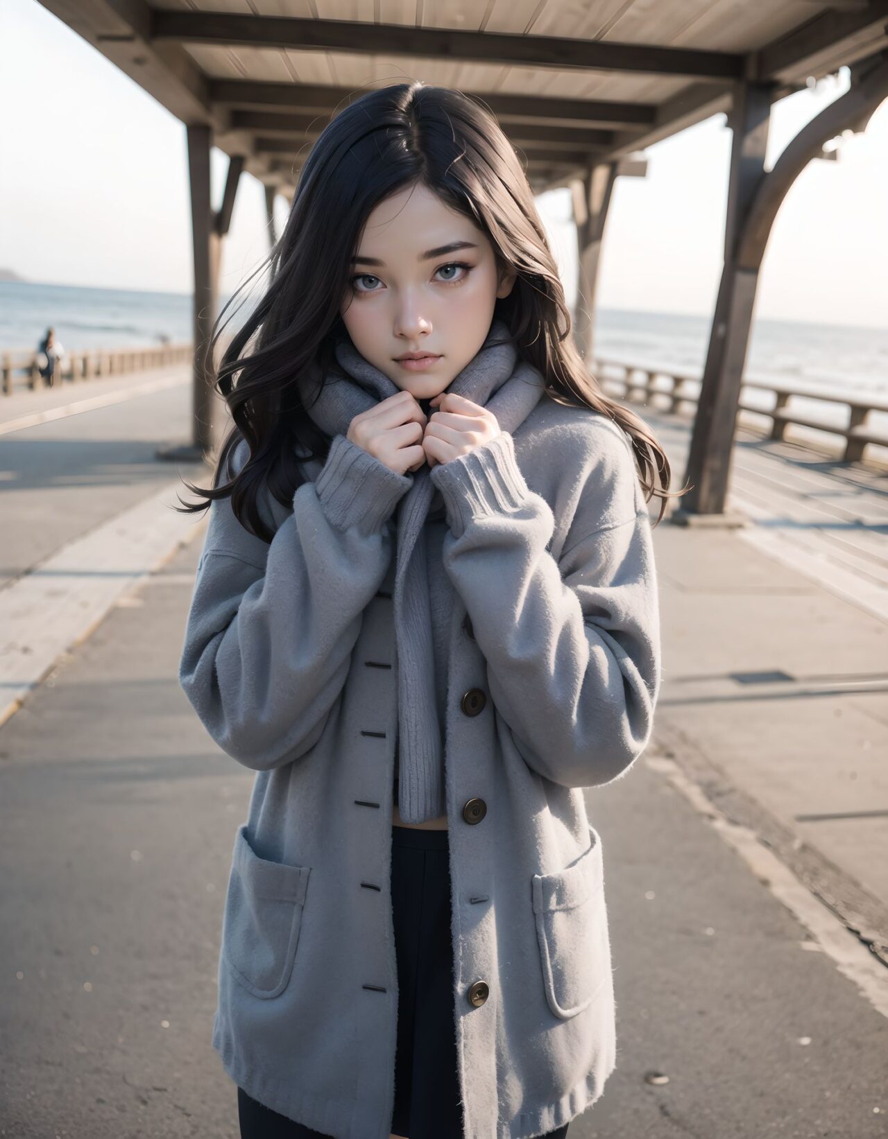 ?Scene / Environment?
seaside grassy hill in cold breeze,
clear chilly air, crisp morning brightness, gentle seaside winter silence,

?Outfit / Clothing?
gray oversized sweater dress + dark tights,
soft layers, warm textures, winter modest elegance,

?Pose / Body?
adjusting scarf,
gentle movements blending shyness and small confidence,

?Expression / Gaze?
warm breath gaze,

?Camera Angle / Framing?
50mm natural portrait, full body shot framing, airy outdoor depth,
?Lighting / Mood?
cold morning glow,
clean bright winter gravure tone,

?Skin / Texture / Detail?
soft fair skin with winter glow, knit and coat fibers detailed, breath visible in cold air,

?Story Snippet?
when the winter breeze lifts her coat hem, she adjusts her scarf with that familiar shy?bold habit, letting the lens see just enough warmth,

BLAKE

semi-long black wavy hair, vivid expressive eyes, adult 20+, wooden deck cold ocean wind, gray sweater dress + dark tights, weight shift checking skirt, lip press shy-bold mix, 50mm natural portrait, winter dappled shade, clean winter gravure mood, masterpiece, best quality,