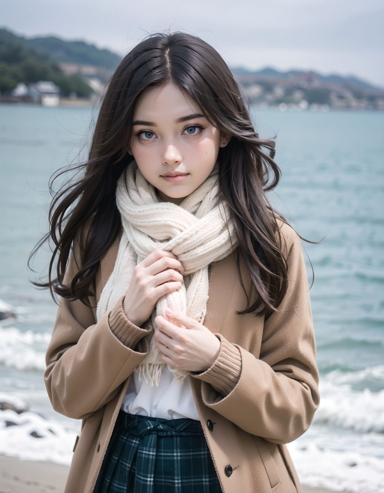 ?Scene / Environment?
winter coastal flower garden faint colors,
clear chilly air, crisp morning brightness, gentle seaside winter silence,

?Outfit / Clothing?
beige duffle coat + plaid skirt + fluffy muffler,
soft layers, warm textures, winter modest elegance,

?Pose / Body?
adjusting scarf,
gentle movements blending shyness and small confidence,

?Expression / Gaze?
shy upward glance in scarf,

?Camera Angle / Framing?
50mm natural portrait, dynamic angle shot framing, airy outdoor depth,
?Lighting / Mood?
seaside winter sparkle,
clean bright winter gravure tone,

?Skin / Texture / Detail?
soft fair skin with winter glow, knit and coat fibers detailed, breath visible in cold air,

?Story Snippet?
when the winter breeze lifts her coat hem, she adjusts her scarf with that familiar shy?bold habit, letting the lens see just enough warmth,

BLAKE

semi-long black wavy hair, vivid expressive eyes, adult 20+, winter coastal flower garden faint colors, beige duffle coat + plaid skirt + fluffy muffler, tucking hands in sleeves, lip press shy-bold mix, 50mm natural portrait, seaside sparkle, clean winter gravure mood, masterpiece, best quality,