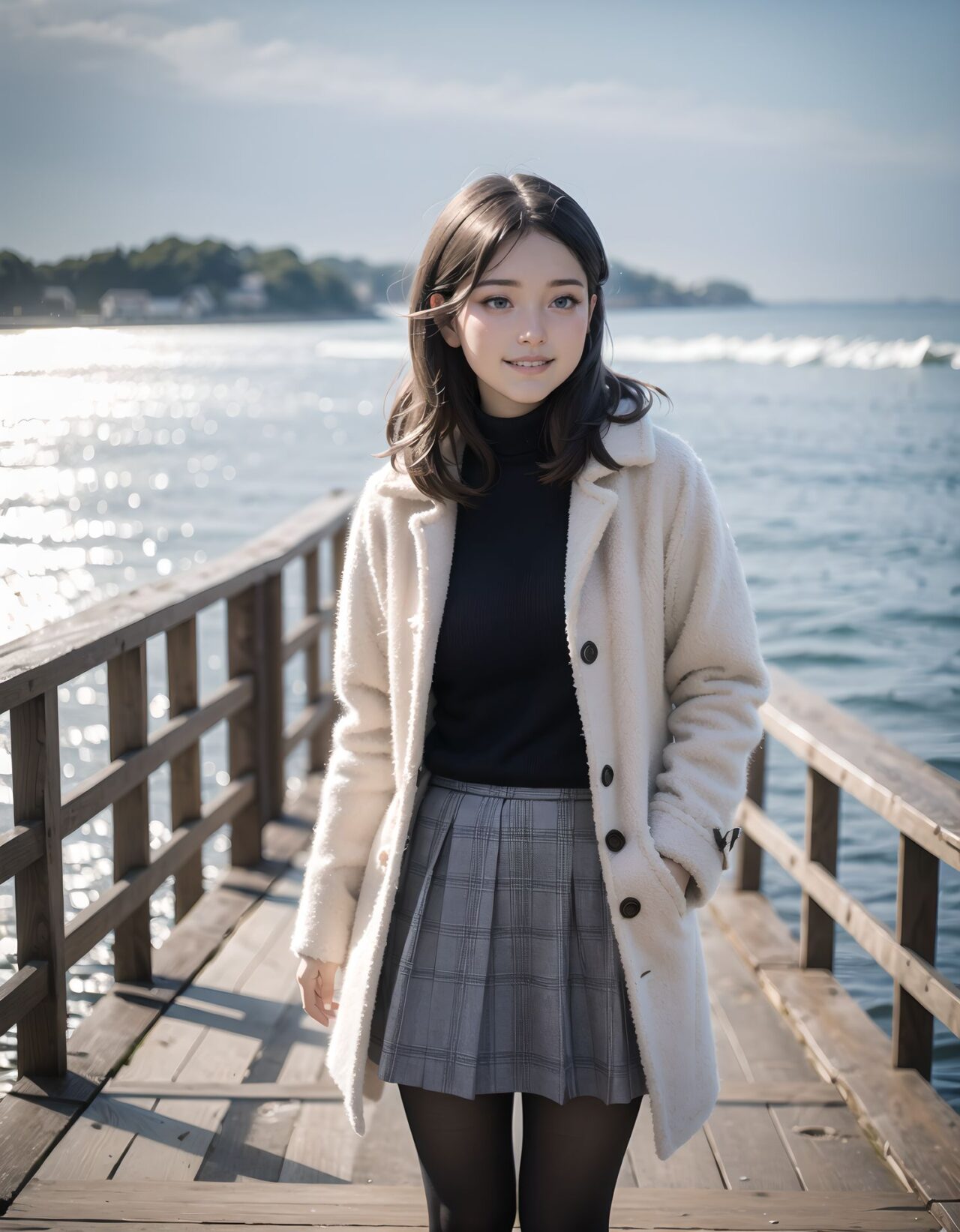 ?Scene / Environment?
wooden deck by cold ocean wind,
clear chilly air, crisp morning brightness, gentle seaside winter silence,

?Outfit / Clothing?
beige duffle coat + plaid skirt + fluffy muffler,
soft layers, warm textures, winter modest elegance,

?Pose / Body?
adjusting scarf,
gentle movements blending shyness and small confidence,

?Expression / Gaze?
?look but not all? teasing eyes,

?Camera Angle / Framing?
50mm natural portrait, full body shot framing, airy outdoor depth,
?Lighting / Mood?
seaside winter sparkle,
clean bright winter gravure tone,

?Skin / Texture / Detail?
soft fair skin with winter glow, knit and coat fibers detailed, breath visible in cold air,

?Story Snippet?
when the winter breeze lifts her coat hem, she adjusts her scarf with that familiar shy?bold habit, letting the lens see just enough warmth,

BLAKE

semi-long black wavy hair, vivid expressive eyes, adult 20+, wooden deck cold ocean wind, cream turtleneck knit + pleated skirt + tights, brushing hair as muffler shifts, half-hidden confident smile, 50mm natural portrait, winter dappled shade, clean winter gravure mood, masterpiece, best quality,