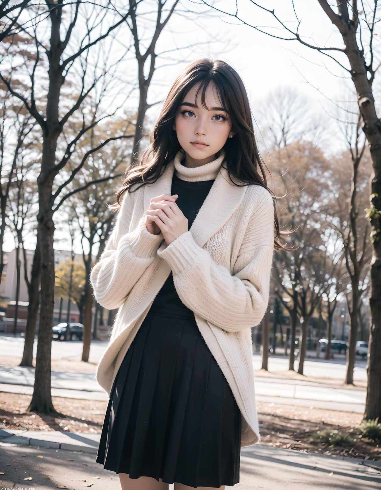 ?Scene / Environment?
seaside grassy hill in cold breeze,
clear chilly air, crisp morning brightness, gentle seaside winter silence,

?Outfit / Clothing?
cream turtleneck knit + pleated skirt + warm tights,
soft layers, warm textures, winter modest elegance,

?Pose / Body?
tucking hands in sleeves,
gentle movements blending shyness and small confidence,

?Expression / Gaze?
shy upward glance in scarf,

?Camera Angle / Framing?
50mm natural portrait, no wearing shot framing, airy outdoor depth,
?Lighting / Mood?
cold morning glow,
clean bright winter gravure tone,

?Skin / Texture / Detail?
soft fair skin with winter glow, knit and coat fibers detailed, breath visible in cold air,

?Story Snippet?
when the winter breeze lifts her coat hem, she adjusts her scarf with that familiar shy?bold habit, letting the lens see just enough warmth,

BLAKE

semi-long black wavy hair, vivid expressive eyes, adult 20+, winter tree shade pale sun, gray sweater dress + dark tights, brushing hair as muffler shifts, lip press shy-bold mix, 50mm natural portrait, winter backlight halo, clean winter gravure mood, masterpiece, best quality,