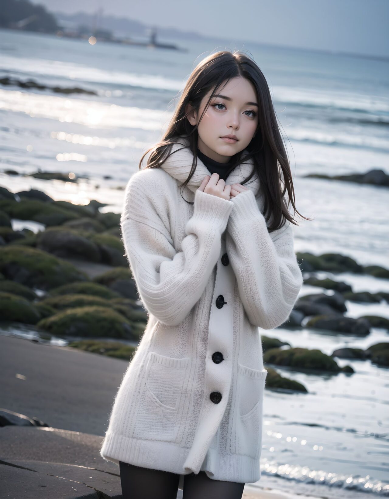 ?Scene / Environment?
seaside grassy hill in cold breeze,
clear chilly air, crisp morning brightness, gentle seaside winter silence,
?Outfit / Clothing?
gray oversized sweater dress + dark tights,
soft layers, warm textures, winter modest elegance,
?Pose / Body?
hair-brush as muffler shifts,
gentle movements blending shyness and small confidence,
?Expression / Gaze?
shy upward glance in scarf,
?Camera Angle / Framing?
50mm natural portrait, full body shot framing, airy outdoor depth,
?Lighting / Mood?
blue coastal crisp light,
clean bright winter gravure tone,
?Skin / Texture / Detail?
soft fair skin with winter glow, knit and coat fibers detailed, breath visible in cold air,
?Story Snippet?
when the winter breeze lifts her coat hem, she adjusts her scarf with that familiar shy?bold habit, letting the lens see just enough warmth,
BLAKE
semi-long black wavy hair, vivid expressive eyes, adult 20+, quiet winter sandy beach, black slim turtleneck + long wool skirt + knit cardigan, tucking hands in sleeves, warm breath shy challenge, 50mm natural portrait, cold morning glow, clean winter gravure mood, masterpiece, best quality,