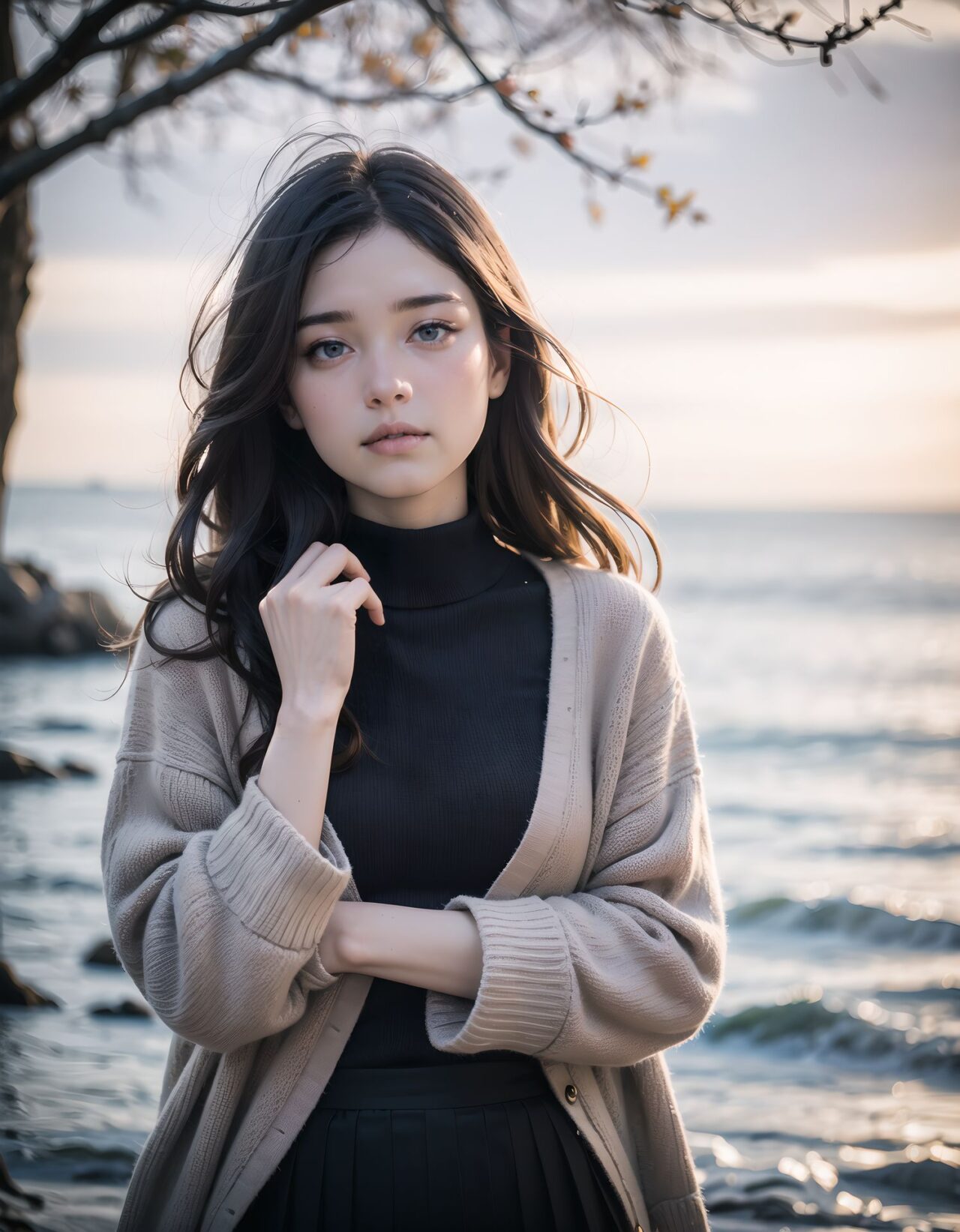 ?Scene / Environment?
wooden deck by cold ocean wind,
clear chilly air, crisp morning brightness, gentle seaside winter silence,
?Outfit / Clothing?
black slim turtleneck + long wool skirt + knit cardigan,
soft layers, warm textures, winter modest elegance,
?Pose / Body?
tucking hands in sleeves,
gentle movements blending shyness and small confidence,
?Expression / Gaze?
?look but not all? teasing eyes,
?Camera Angle / Framing?
50mm natural portrait, intense angle shot framing, airy outdoor depth,
?Lighting / Mood?
winter backlight halo,
clean bright winter gravure tone,
?Skin / Texture / Detail?
soft fair skin with winter glow, knit and coat fibers detailed, breath visible in cold air,
?Story Snippet?
when the winter breeze lifts her coat hem, she adjusts her scarf with that familiar shy?bold habit, letting the lens see just enough warmth,
BLAKE
semi-long black wavy hair, vivid expressive eyes, adult 20+, winter tree shade pale sun, white wool coat + pastel knit + mini scarf, adjusting scarf, warm breath shy challenge, 50mm natural portrait, blue coastal crisp light, clean winter gravure mood, masterpiece, best quality,