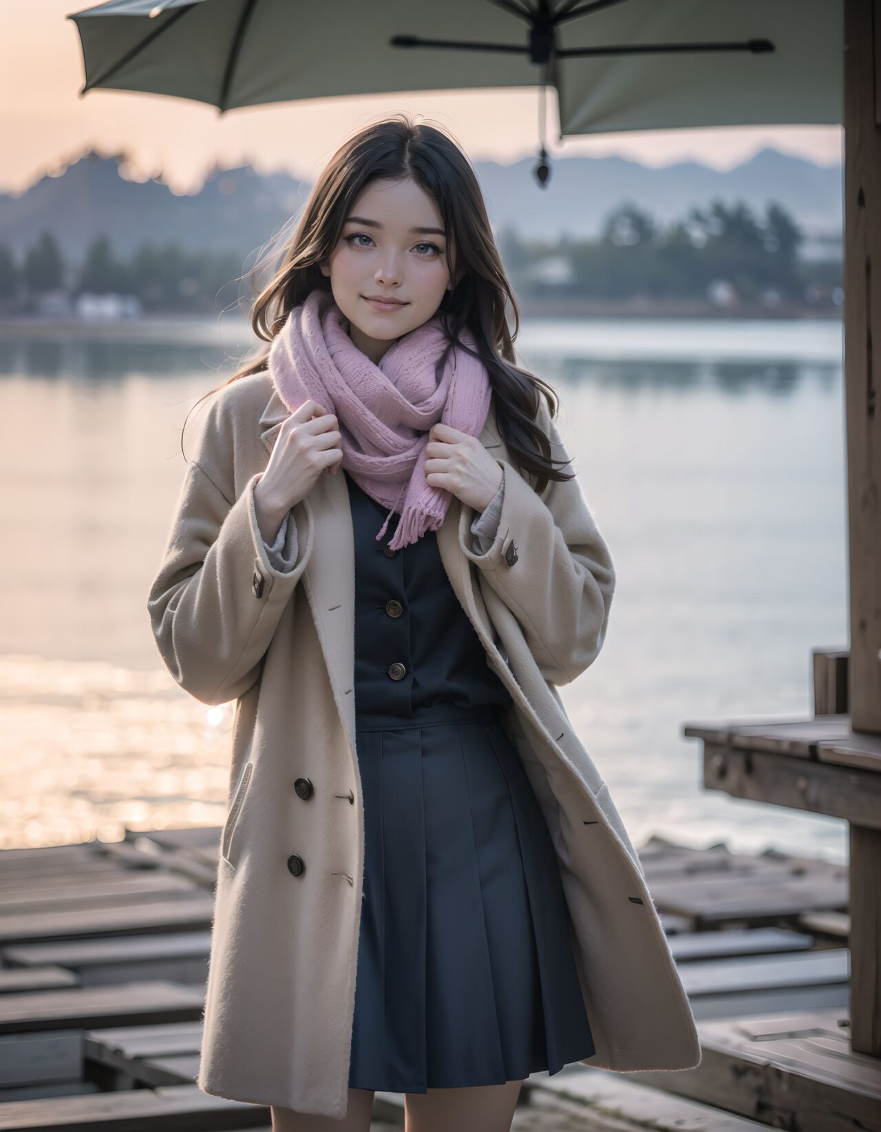 ?Scene / Environment?
wooden deck by cold ocean wind,
clear chilly air, crisp morning brightness, gentle seaside winter silence,
?Outfit / Clothing?
white wool coat + pastel knit + mini scarf,
soft layers, warm textures, winter modest elegance,
?Pose / Body?
weight shift checking skirt,
gentle movements blending shyness and small confidence,
?Expression / Gaze?
confident smile half-hidden,
?Camera Angle / Framing?
50mm natural portrait, upper body shot framing, airy outdoor depth,
?Lighting / Mood?
cold morning glow,
clean bright winter gravure tone,
?Skin / Texture / Detail?
soft fair skin with winter glow, knit and coat fibers detailed, breath visible in cold air,
?Story Snippet?
when the winter breeze lifts her coat hem, she adjusts her scarf with that familiar shy?bold habit, letting the lens see just enough warmth,
BLAKE
semi-long black wavy hair, vivid expressive eyes, adult 20+, seaside grassy hill cold breeze, white wool coat + pastel knit + mini scarf, weight shift checking skirt, lip press shy-bold mix, 50mm natural portrait, winter backlight halo, clean winter gravure mood, masterpiece, best quality,