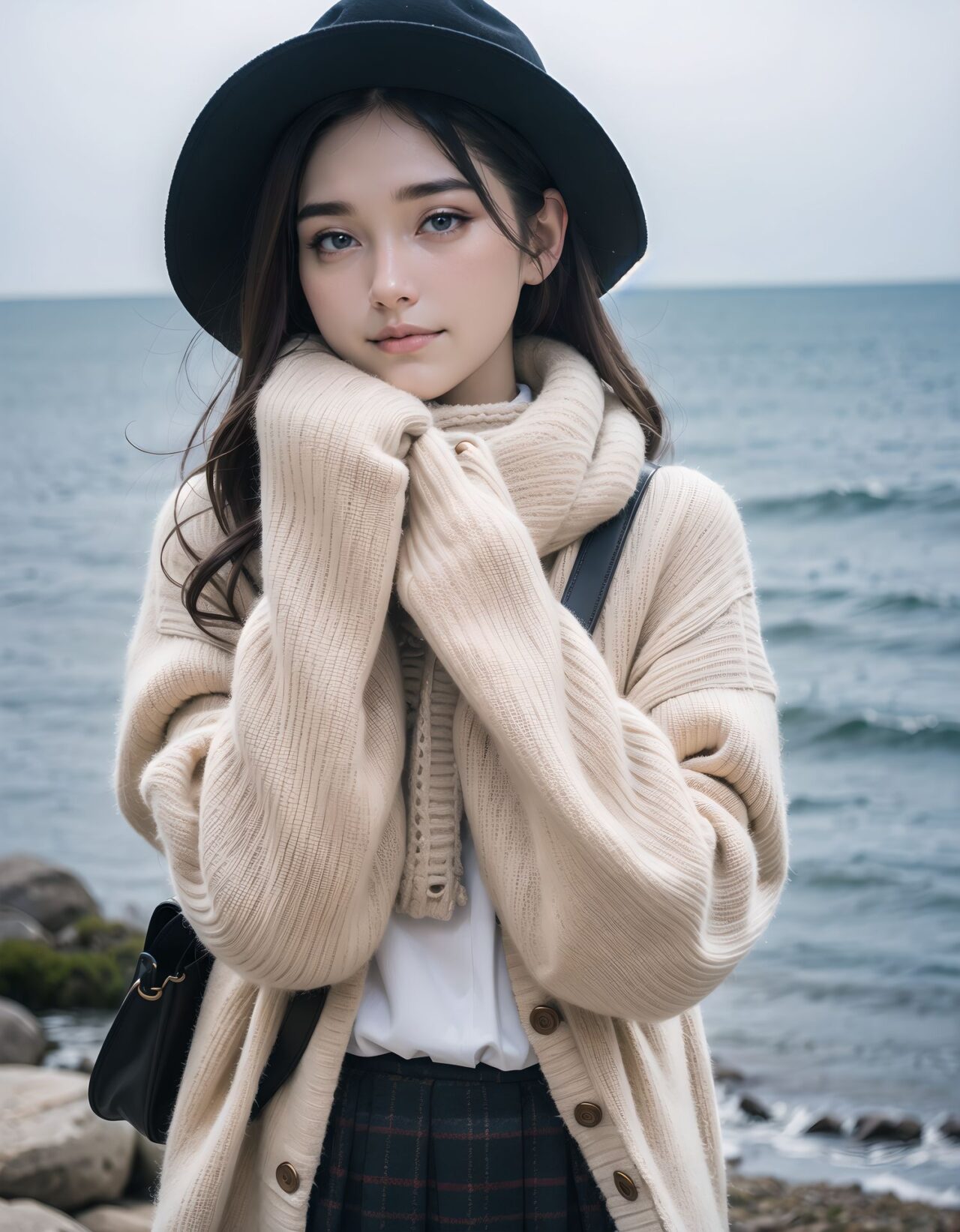 ?Scene / Environment?
winter coastal flower garden faint colors,
clear chilly air, crisp morning brightness, gentle seaside winter silence,
?Outfit / Clothing?
black slim turtleneck + long wool skirt + knit cardigan,
soft layers, warm textures, winter modest elegance,
?Pose / Body?
tucking hands in sleeves,
gentle movements blending shyness and small confidence,
?Expression / Gaze?
shy upward glance in scarf,
?Camera Angle / Framing?
50mm natural portrait, upper body shot framing, airy outdoor depth,
?Lighting / Mood?
winter backlight halo,
clean bright winter gravure tone,
?Skin / Texture / Detail?
soft fair skin with winter glow, knit and coat fibers detailed, breath visible in cold air,
?Story Snippet?
when the winter breeze lifts her coat hem, she adjusts her scarf with that familiar shy?bold habit, letting the lens see just enough warmth,
BLAKE
semi-long black wavy hair, vivid expressive eyes, adult 20+, seaside grassy hill cold breeze, beige duffle coat + plaid skirt + fluffy muffler, adjusting scarf, warm breath shy challenge, 50mm natural portrait, winter backlight halo, clean winter gravure mood, masterpiece, best quality,