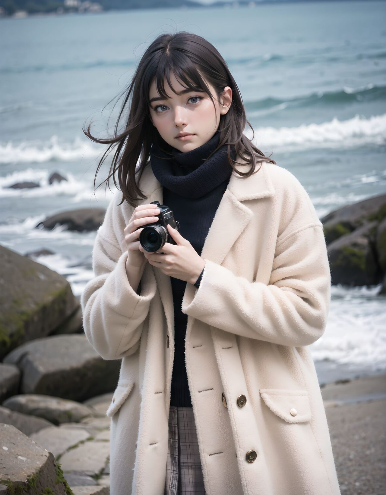 ?Scene / Environment?
seaside grassy hill in cold breeze,
clear chilly air, crisp morning brightness, gentle seaside winter silence,
?Outfit / Clothing?
gray oversized sweater dress + dark tights,
soft layers, warm textures, winter modest elegance,
?Pose / Body?
holding coat collar,
gentle movements blending shyness and small confidence,
?Expression / Gaze?
shy upward glance in scarf,
?Camera Angle / Framing?
50mm natural portrait, half-body framing, airy outdoor depth,
?Lighting / Mood?
seaside winter sparkle,
clean bright winter gravure tone,
?Skin / Texture / Detail?
soft fair skin with winter glow, knit and coat fibers detailed, breath visible in cold air,
?Story Snippet?
when the winter breeze lifts her coat hem, she adjusts her scarf with that familiar shy?bold habit, letting the lens see just enough warmth,
BLAKE
semi-long black wavy hair, vivid expressive eyes, adult 20+, winter coastal flower garden faint colors, beige duffle coat + plaid skirt + fluffy muffler, tucking hands in sleeves, ?look but not all? teasing eyes, 50mm natural portrait, cold morning glow, clean winter gravure mood, masterpiece, best quality,