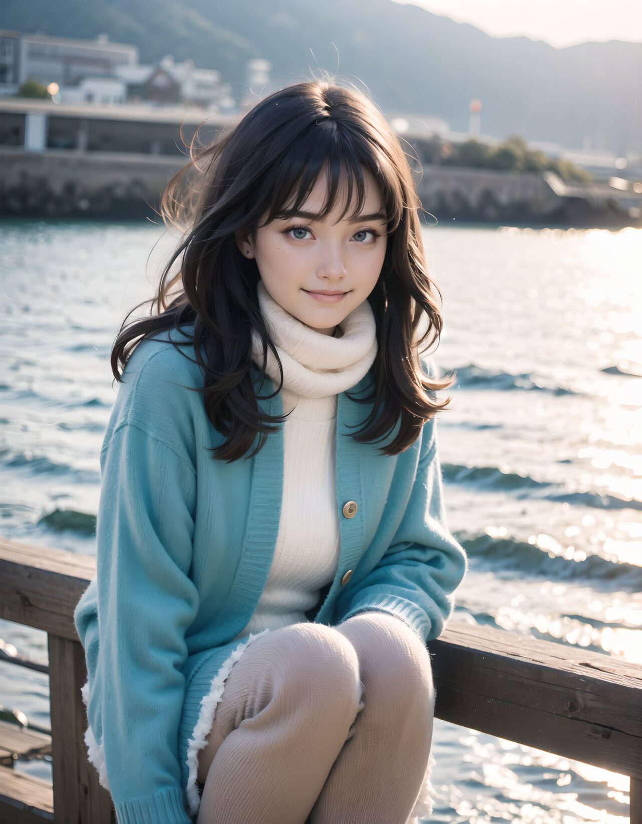 ?Scene / Environment?
seaside grassy hill in cold breeze,
clear chilly air, crisp morning brightness, gentle seaside winter silence,
?Outfit / Clothing?
cream turtleneck knit + pleated skirt + warm tights,
soft layers, warm textures, winter modest elegance,
?Pose / Body?
holding coat collar,
gentle movements blending shyness and small confidence,
?Expression / Gaze?
confident smile half-hidden,
?Camera Angle / Framing?
50mm natural portrait, face close-up shot framing, airy outdoor depth,
?Lighting / Mood?
blue coastal crisp light,
clean bright winter gravure tone,
?Skin / Texture / Detail?
soft fair skin with winter glow, knit and coat fibers detailed, breath visible in cold air,
?Story Snippet?
when the winter breeze lifts her coat hem, she adjusts her scarf with that familiar shy?bold habit, letting the lens see just enough warmth,
BLAKE
semi-long black wavy hair, vivid expressive eyes, adult 20+, wooden deck cold ocean wind, cream turtleneck knit + pleated skirt + tights, weight shift checking skirt, half-hidden confident smile, 50mm natural portrait, blue coastal crisp light, clean winter gravure mood, masterpiece, best quality,