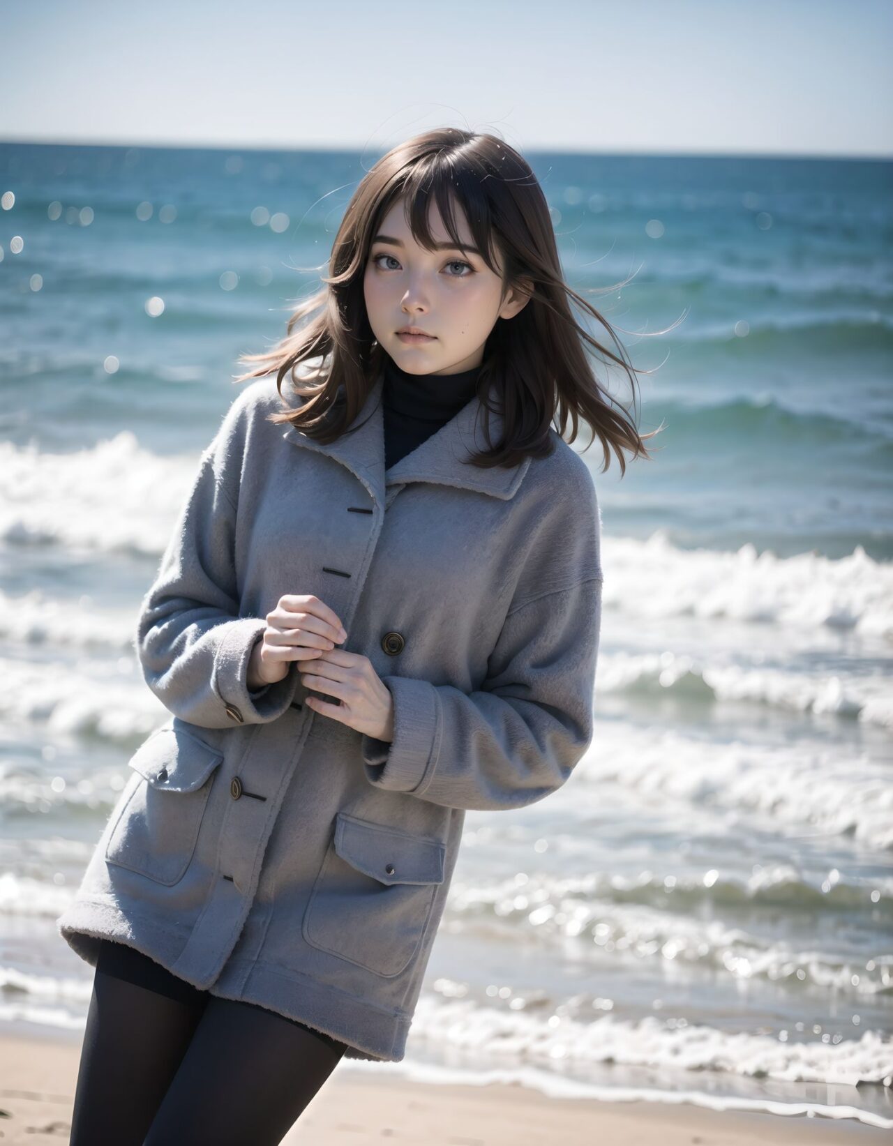 ?Scene / Environment?
quiet winter sandy beach bright sky,
clear chilly air, crisp morning brightness, gentle seaside winter silence,
?Outfit / Clothing?
gray oversized sweater dress + dark tights,
soft layers, warm textures, winter modest elegance,
?Pose / Body?
hair-brush as muffler shifts,
gentle movements blending shyness and small confidence,
?Expression / Gaze?
shy upward glance in scarf,
?Camera Angle / Framing?
50mm natural portrait, upper body shot framing, airy outdoor depth,
?Lighting / Mood?
seaside winter sparkle,
clean bright winter gravure tone,
?Skin / Texture / Detail?
soft fair skin with winter glow, knit and coat fibers detailed, breath visible in cold air,
?Story Snippet?
when the winter breeze lifts her coat hem, she adjusts her scarf with that familiar shy?bold habit, letting the lens see just enough warmth,
BLAKE
semi-long black wavy hair, vivid expressive eyes, adult 20+, wooden deck cold ocean wind, cream turtleneck knit + pleated skirt + tights, holding coat collar, warm breath shy challenge, 50mm natural portrait, seaside sparkle, clean winter gravure mood, masterpiece, best quality,