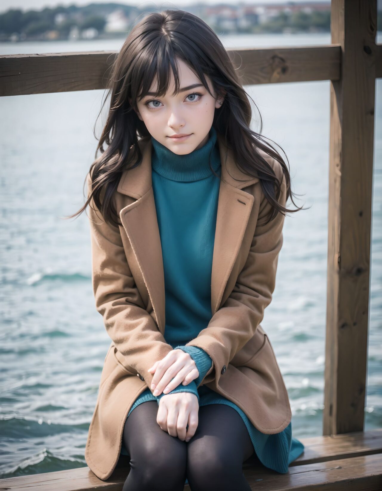 ?Scene / Environment?
wooden deck by cold ocean wind,
clear chilly air, crisp morning brightness, gentle seaside winter silence,
?Outfit / Clothing?
cream turtleneck knit + pleated skirt + warm tights,
soft layers, warm textures, winter modest elegance,
?Pose / Body?
holding coat collar,
gentle movements blending shyness and small confidence,
?Expression / Gaze?
lip press shy challenge,
?Camera Angle / Framing?
50mm natural portrait, no wearing shot framing, airy outdoor depth,
?Lighting / Mood?
blue coastal crisp light,
clean bright winter gravure tone,
?Skin / Texture / Detail?
soft fair skin with winter glow, knit and coat fibers detailed, breath visible in cold air,
?Story Snippet?
when the winter breeze lifts her coat hem, she adjusts her scarf with that familiar shy?bold habit, letting the lens see just enough warmth,
BLAKE
semi-long black wavy hair, vivid expressive eyes, adult 20+, wooden deck cold ocean wind, cream turtleneck knit + pleated skirt + tights, brushing hair as muffler shifts, half-hidden confident smile, 50mm natural portrait, winter dappled shade, clean winter gravure mood, masterpiece, best quality,