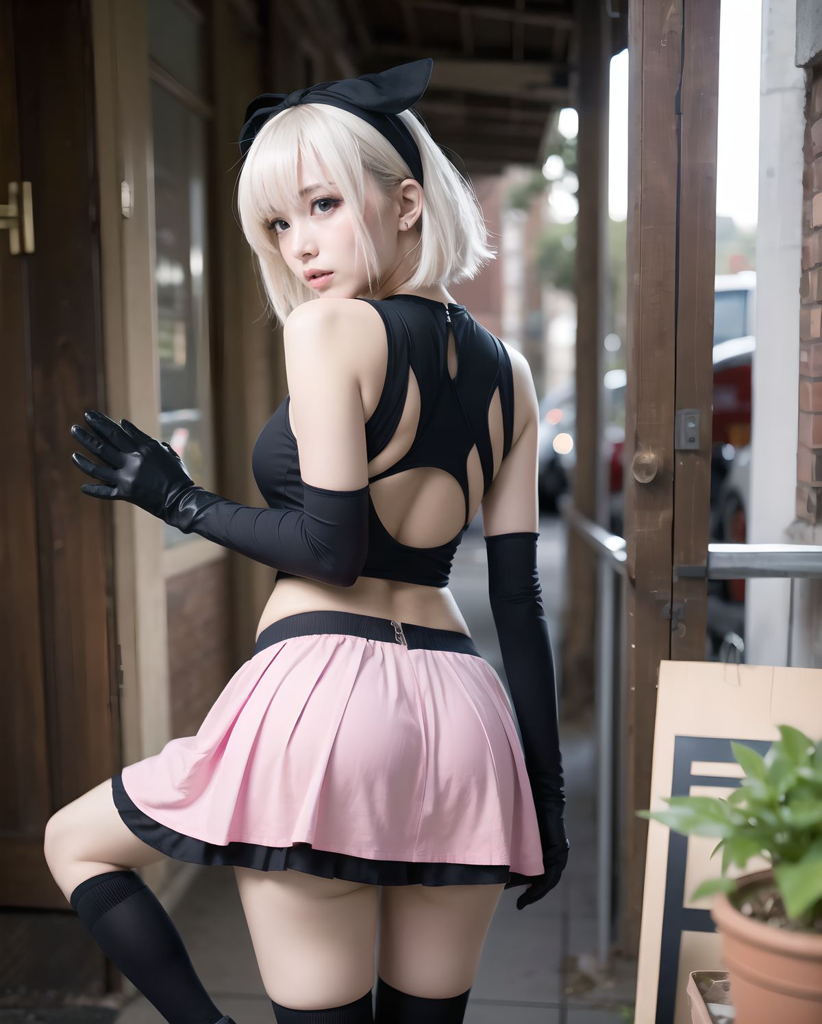 (((((Tripped and her skirt flipped up))))), covering privates, sideboob, black legwear, backless dress, pink dress, large breasts, blushing shift, breasts, black gloves, bare shoulders, purple eyes, short hair with long locks, open mouth, thighhighs, sidelocks, covering breasts, from behind, glove, solo focus, backless outfit, purple gloves, blush, short hair, wardrobe malfunction, looking at viewer, two-tone gloves, dress, hair over eyes, covering ass, embarrassed, ass visible through thighs, elbow gloves, black hairband, hairband, sweatdrop, halterneck, multiple views, purple legwear, pink gloves, gloves, white hair, hair between eyes,

masterpiece, best quality, anime style, 1girl, seductive expression, rear grab pose with hands on hips, in magic device malfunction causing clothes tear, ecchi, nsfw, detailed background, blushing, sweat, and contemptuous. she is dressed in a backless dress that reveals her back and shoulders, paired with thigh-high stockings and elbow gloves. She stands confidently facing the viewer, her expression slightly embarrassed as she looks down at her breasts. The background includes various items such as clothes hanging on a rack and some papers scattered around, adding to the overall atmosphere of the scene. Her hair is white, styled with sidelocks and a hairband, and she has purple eyes. The image is part of the "Fate" series, specifically from "Fate/Grand Order," and captures a moment of vulnerability and tension between the character and her surroundings.