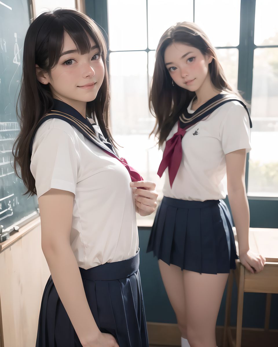 (masterpiece:1.3), (best quality:1.3), highres, photorealistic, intricate details, natural skin texture with subtle pores, soft film grain, highly detailed face, sharp expressive eyes, cinematic lighting, 35mm lens, shallow depth of field, bokeh highlights, (adult, 20+, college student:1.2), 1woman, RUNA, beautiful mature features, nostalgic sailor uniform cosplay mid-change, white sailor collar slightly loosened and folded back, large ribbon tie gently undone and hanging loosely, delicate pale lace lingerie subtly peeking from open collar gap, subtle cleavage hint, light comedic mood, slight smiling face with embarrassed look, playful shy smile, gentle blush on cheeks, eyes softly crinkled in amusement, hand lightly touching ribbon with hesitant fingers, portrait close-up mid-undress, low background density, subtle lingerie tease, evening empty music room, grand piano lid open and softly blurred in background, sheet music scattered faintly, late afternoon warm golden window light streaming in, soft rim light outlining shoulders and collarbone, floating dust motes catching light, calm humorous tension, intimate eye-level framing, soft skin glow, detailed hair strands with gentle waves,

BLAKE

Whimsical study corner, bookshelves with colorful spines, soft green walls with butterfly decals, desk lamp casting golden glow, draped shawls, high-resolution textures on paper and fabric,
((school uniform, RUNA in a sailor school uniform with loose bow, skirt flipped to show satin panties, YUKI in a similar school uniform, blouse lifted to reveal cotton bra, contrasting anklets, flows,):1.8),
Spiraling trust pose, RUNA standing with hands on hips, skirt lifted to show satin underwear, bold grin, YUKI kneeling, blouse open to reveal lace bra, hesitant smile, realistic fabric sheen and light,

(classroom interior:1.8), wooden desks, chalkboard with colorful doodles, soft sunlight streaming through large windows, warm cinematic glow, vibrant yet dreamy tones, shallow depth of field with 50mm f/1.8 lens effect, sharp focus on YUKI and LUNA, softly blurring background. Hyper-detailed textures on desks, chalk dust particles, window light reflections, faint breeze fluttering skirts.

Bra naked:1.5,

(masterpiece:1.5), (best quality:1.5), (photo-realistic:1.6), ultra-detailed, ultra-high resolution, 8k, HDR, Raw Photo, professional photography, insanely-detailed, every detail reproduced clearly, cinematic lighting, high dynamic range, natural color grading,
(((((Two young girls' storys):1.8)))),

YUKI (younger sister): (cute smile girl with a perfect style, very detailed facial texture:1.3), (idol face:1.5), fine particles, (kawaii face:1.6),kind eyes,young face, childish,
(smile and blushing expression:1.4),looking at me,beautiful skin, intricate details,artistic realism,(deep, dark eye colour),
(moles:-1.1),(spot on the skin:-1.2),(freckles:-1.3), 
long wavy auburn hair cascading past shoulders, damp strands clinging to flushed skin, emerald green eyes with intricate iris details, wide-eyed with a hint of tears welling up, shy yet overwhelmed smile teetering on vulnerability, subtle freckles glowing under sunlight, cheeks deeply flushed with nervous excitement, delicate expression caught between hesitation and a desire to be seen, 


RUNA (older sister): (petit naked, semi-naked, petit nakedness, bra, panty, skirt, underwear, skirt lift, glasses, ass, panties, clothes lift, shirt, looking front, white shirt, standing, panties under pantyhose, bent over, legs,lovingly gaze,blush,looking at viewer:1.2),short sleek platinum blonde hair tucked behind ears, wet tips glistening in daylight, deep sapphire blue eyes with reflective depth, confident yet reckless grin radiating bold charm, smooth pale skin with a feverish blush, expression blending defiance and magnetic allure, faint fantasy-like glow in her presence suggesting an enchanted aura,
charged interplay of glances sparking unspoken yearning, natural youthful expressions unraveling into raw emotion, delicate hair strands catching sunlight and fading steam, natural skin texture, extremely detailed skin, subtle imperfections, realistic shading,
cinematic low angle, depth of field, f/1.8 lens bokeh, sharp focus on faces, soft rim lighting highlighting smooth skin and shimmering water remnants, vibrant colors, kawaii yet dangerously elegant aesthetic,
(YUKI?s loose ribbon unraveling completely, floating in residual water, contrasting RUNA?s silver hairpin slipping precariously), (intense flush on their cheeks, radiating forbidden heat through dissipating mist), precarious yet intoxicating ambiance, emotions spiraling beyond restraint, both unaware of their sudden displacement,
sudden teleportation of a 3m-radius hot spring segment to a bustling modern city center during daytime, remnants of steaming water pooling on pavement, scattered rocks and bamboo fragments amidst urban chaos, faint vapor evaporating in bright sunlight, crowds of people in the background staring in shock but blurred in focus, ultra-detailed contrast between serene thermal elements and vibrant city life, atmospheric haze from residual mist clashing with clear daylight, sense of intimate isolation unraveling into public exposure,
YUKI immersed ankle-deep in shallow pooled water, hands clutching a towel near her chest as if to shield herself, body slightly turned with a trembling posture, RUNA leaning closer with a bold tilt, one hand trailing through evaporating water, their forms half-shrouded by lingering steam, fingers brushing deliberately on the wet surface, gazes locked in a reckless dance of vulnerability and confidence, subtle tremors in YUKI?s frame contrasting RUNA?s assured stance, sunlight catching the fevered spark in their eyes.


??????
insanely-detailed, ultra-high resolution, every detail is reproduced clearly, from the individual strands of hair to the intricate weave of the costume.
The vivid contrast of the professional-quality image brings the vivid colors to life.