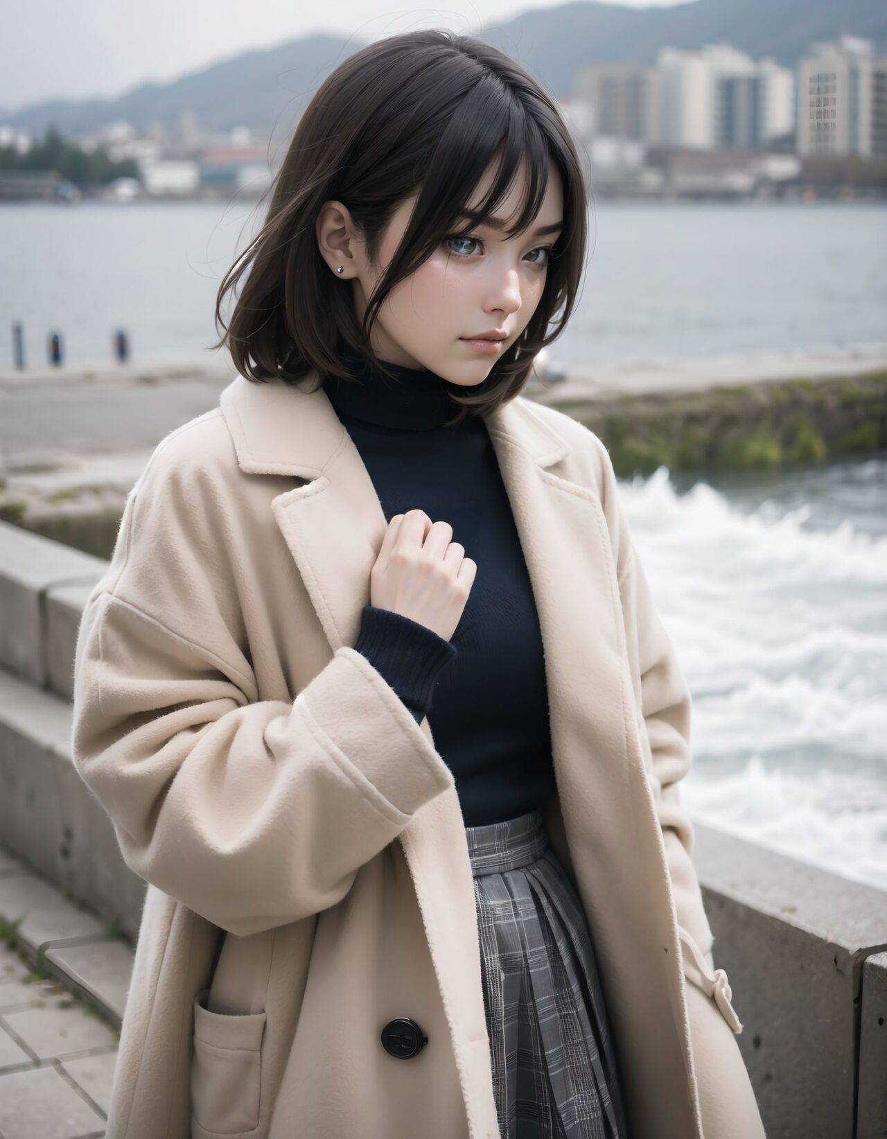 ?Scene / Environment?
seaside grassy hill in cold breeze,
clear chilly air, crisp morning brightness, gentle seaside winter silence,

?Outfit / Clothing?
gray oversized sweater dress + dark tights,
soft layers, warm textures, winter modest elegance,

?Pose / Body?
holding coat collar,
gentle movements blending shyness and small confidence,

?Expression / Gaze?
?look but not all? teasing eyes,

?Camera Angle / Framing?
50mm natural portrait, face close-up shot framing, airy outdoor depth,
?Lighting / Mood?
dappled winter shade,
clean bright winter gravure tone,

?Skin / Texture / Detail?
soft fair skin with winter glow, knit and coat fibers detailed, breath visible in cold air,

?Story Snippet?
when the winter breeze lifts her coat hem, she adjusts her scarf with that familiar shy?bold habit, letting the lens see just enough warmth,

BLAKE

semi-long black wavy hair, vivid expressive eyes, adult 20+, seaside grassy hill cold breeze, beige duffle coat + plaid skirt + fluffy muffler, weight shift checking skirt, lip press shy-bold mix, 50mm natural portrait, cold morning glow, clean winter gravure mood, masterpiece, best quality,