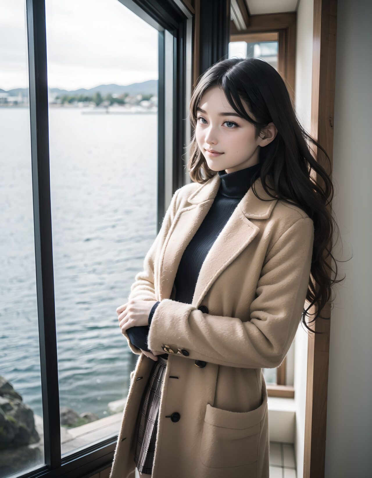 ?Scene / Environment?
winter coastal flower garden faint colors,
clear chilly air, crisp morning brightness, gentle seaside winter silence,

?Outfit / Clothing?
cream turtleneck knit + pleated skirt + warm tights,
soft layers, warm textures, winter modest elegance,

?Pose / Body?
holding coat collar,
gentle movements blending shyness and small confidence,

?Expression / Gaze?
?look but not all? teasing eyes,

?Camera Angle / Framing?
50mm natural portrait, dynamic angle shot framing, airy outdoor depth,
?Lighting / Mood?
dappled winter shade,
clean bright winter gravure tone,

?Skin / Texture / Detail?
soft fair skin with winter glow, knit and coat fibers detailed, breath visible in cold air,

?Story Snippet?
when the winter breeze lifts her coat hem, she adjusts her scarf with that familiar shy?bold habit, letting the lens see just enough warmth,

BLAKE

semi-long black wavy hair, vivid expressive eyes, adult 20+, wooden deck cold ocean wind, beige duffle coat + plaid skirt + fluffy muffler, weight shift checking skirt, half-hidden confident smile, 50mm natural portrait, seaside sparkle, clean winter gravure mood, masterpiece, best quality,