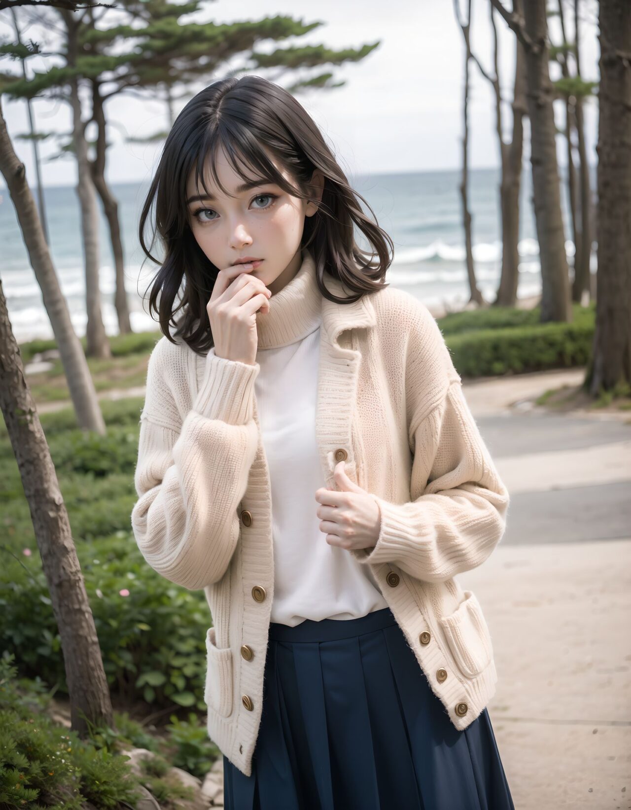 ?Scene / Environment?
seaside grassy hill in cold breeze,
clear chilly air, crisp morning brightness, gentle seaside winter silence,

?Outfit / Clothing?
black slim turtleneck + long wool skirt + knit cardigan,
soft layers, warm textures, winter modest elegance,

?Pose / Body?
hair-brush as muffler shifts,
gentle movements blending shyness and small confidence,

?Expression / Gaze?
?look but not all? teasing eyes,

?Camera Angle / Framing?
50mm natural portrait, no wearing shot framing, airy outdoor depth,
?Lighting / Mood?
blue coastal crisp light,
clean bright winter gravure tone,

?Skin / Texture / Detail?
soft fair skin with winter glow, knit and coat fibers detailed, breath visible in cold air,

?Story Snippet?
when the winter breeze lifts her coat hem, she adjusts her scarf with that familiar shy?bold habit, letting the lens see just enough warmth,

BLAKE

semi-long black wavy hair, vivid expressive eyes, adult 20+, winter coastal flower garden faint colors, beige duffle coat + plaid skirt + fluffy muffler, tucking hands in sleeves, shy upward glance in scarf, 50mm natural portrait, blue coastal crisp light, clean winter gravure mood, masterpiece, best quality,