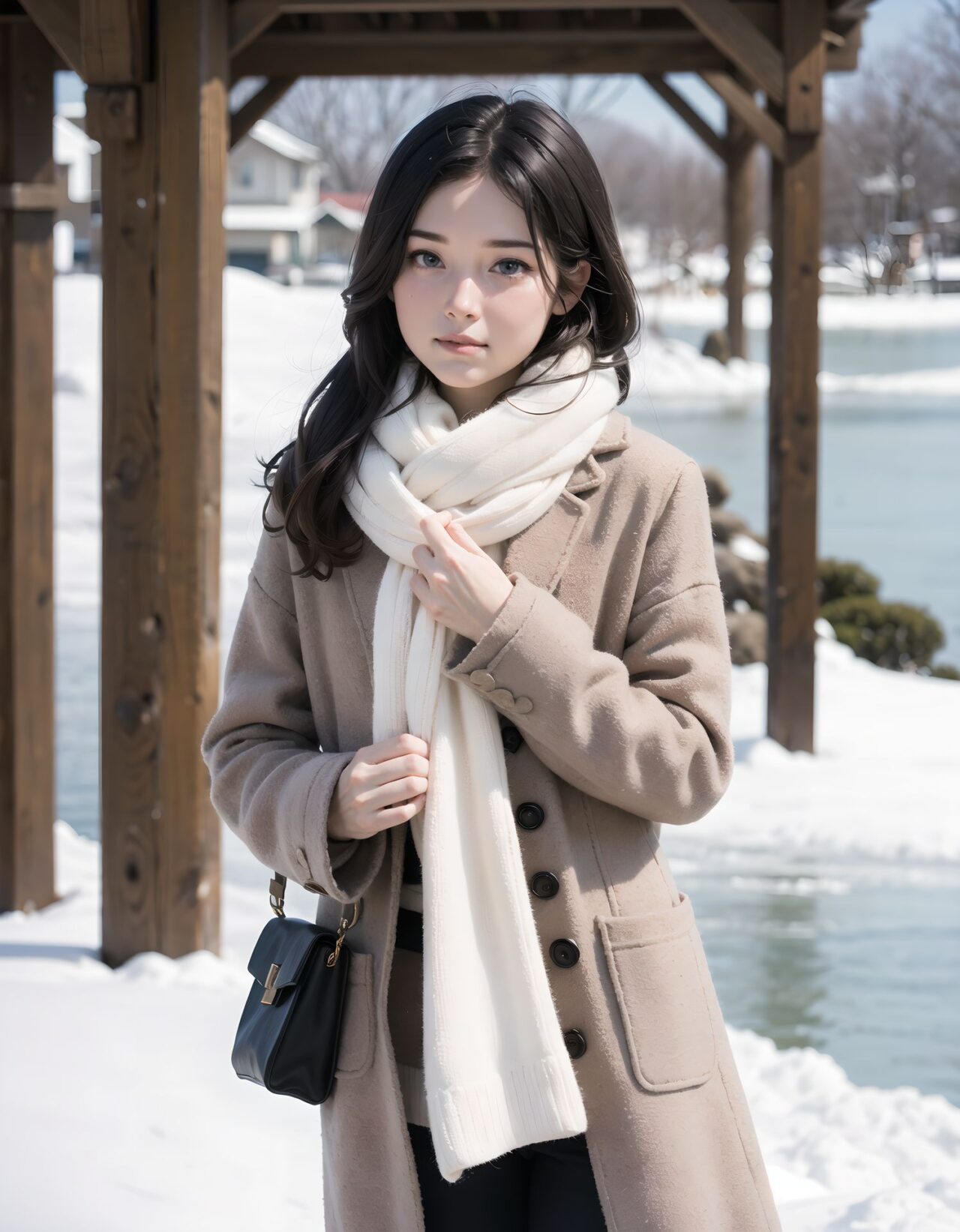 ?Scene / Environment?
quiet winter sandy beach bright sky,
clear chilly air, crisp morning brightness, gentle seaside winter silence,

?Outfit / Clothing?
white wool coat + pastel knit + mini scarf,
soft layers, warm textures, winter modest elegance,

?Pose / Body?
holding coat collar,
gentle movements blending shyness and small confidence,

?Expression / Gaze?
shy upward glance in scarf,

?Camera Angle / Framing?
50mm natural portrait, no wearing shot framing, airy outdoor depth,
?Lighting / Mood?
dappled winter shade,
clean bright winter gravure tone,

?Skin / Texture / Detail?
soft fair skin with winter glow, knit and coat fibers detailed, breath visible in cold air,

?Story Snippet?
when the winter breeze lifts her coat hem, she adjusts her scarf with that familiar shy?bold habit, letting the lens see just enough warmth,

BLAKE

semi-long black wavy hair, vivid expressive eyes, adult 20+, quiet winter sandy beach, cream turtleneck knit + pleated skirt + tights, adjusting scarf, shy upward glance in scarf, 50mm natural portrait, blue coastal crisp light, clean winter gravure mood, masterpiece, best quality,