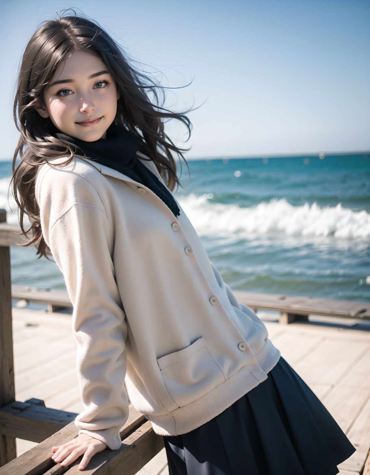 ?Scene / Environment?
wooden deck by cold ocean wind,
clear chilly air, crisp morning brightness, gentle seaside winter silence,

?Outfit / Clothing?
white wool coat + pastel knit + mini scarf,
soft layers, warm textures, winter modest elegance,

?Pose / Body?
adjusting scarf,
gentle movements blending shyness and small confidence,

?Expression / Gaze?
confident smile half-hidden,

?Camera Angle / Framing?
50mm natural portrait, face close-up shot framing, airy outdoor depth,
?Lighting / Mood?
seaside winter sparkle,
clean bright winter gravure tone,

?Skin / Texture / Detail?
soft fair skin with winter glow, knit and coat fibers detailed, breath visible in cold air,

?Story Snippet?
when the winter breeze lifts her coat hem, she adjusts her scarf with that familiar shy?bold habit, letting the lens see just enough warmth,

BLAKE

semi-long black wavy hair, vivid expressive eyes, adult 20+, wooden deck cold ocean wind, black slim turtleneck + long wool skirt + knit cardigan, adjusting scarf, lip press shy-bold mix, 50mm natural portrait, cold morning glow, clean winter gravure mood, masterpiece, best quality,